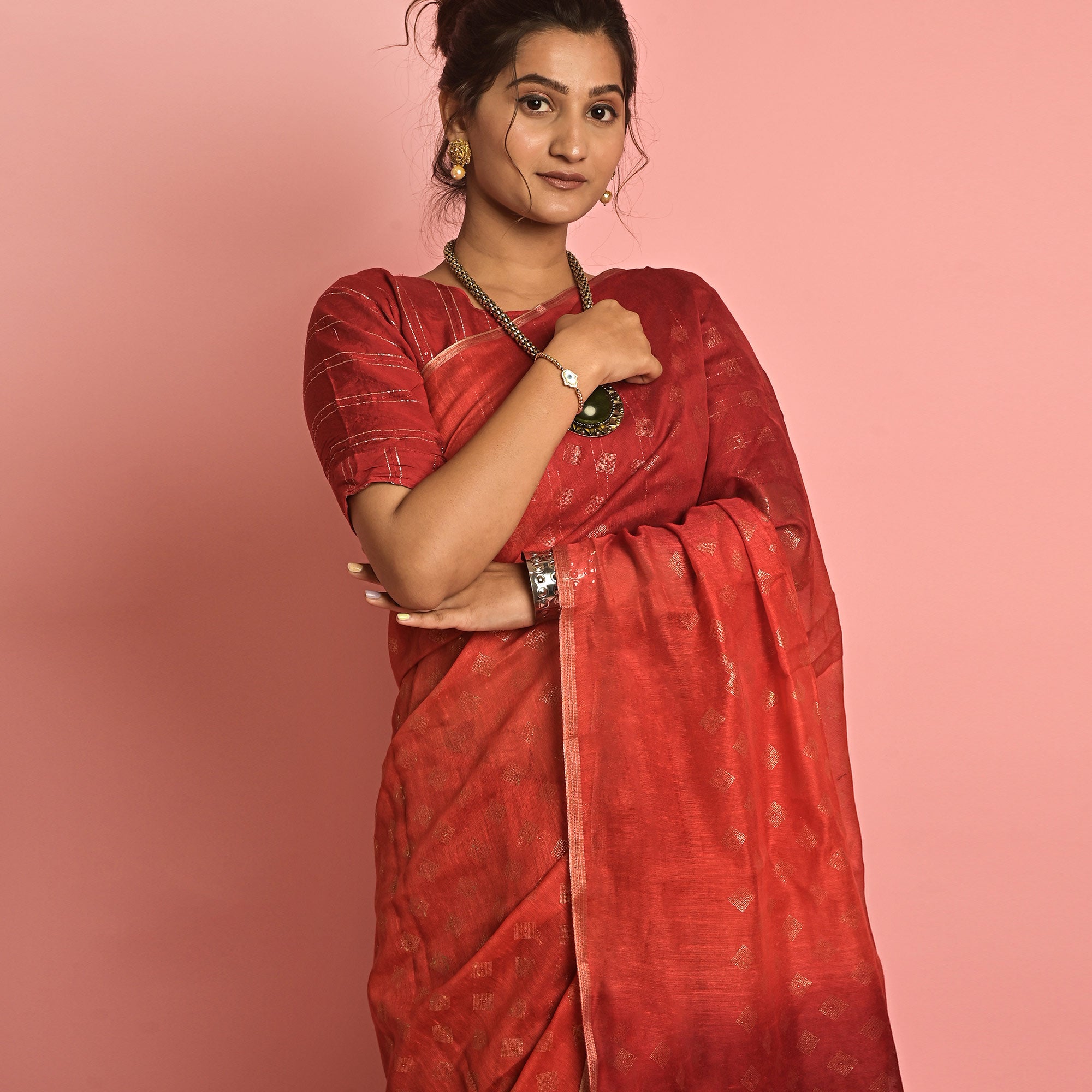 Red & Coral Foil Printed Cotton Blend Saree