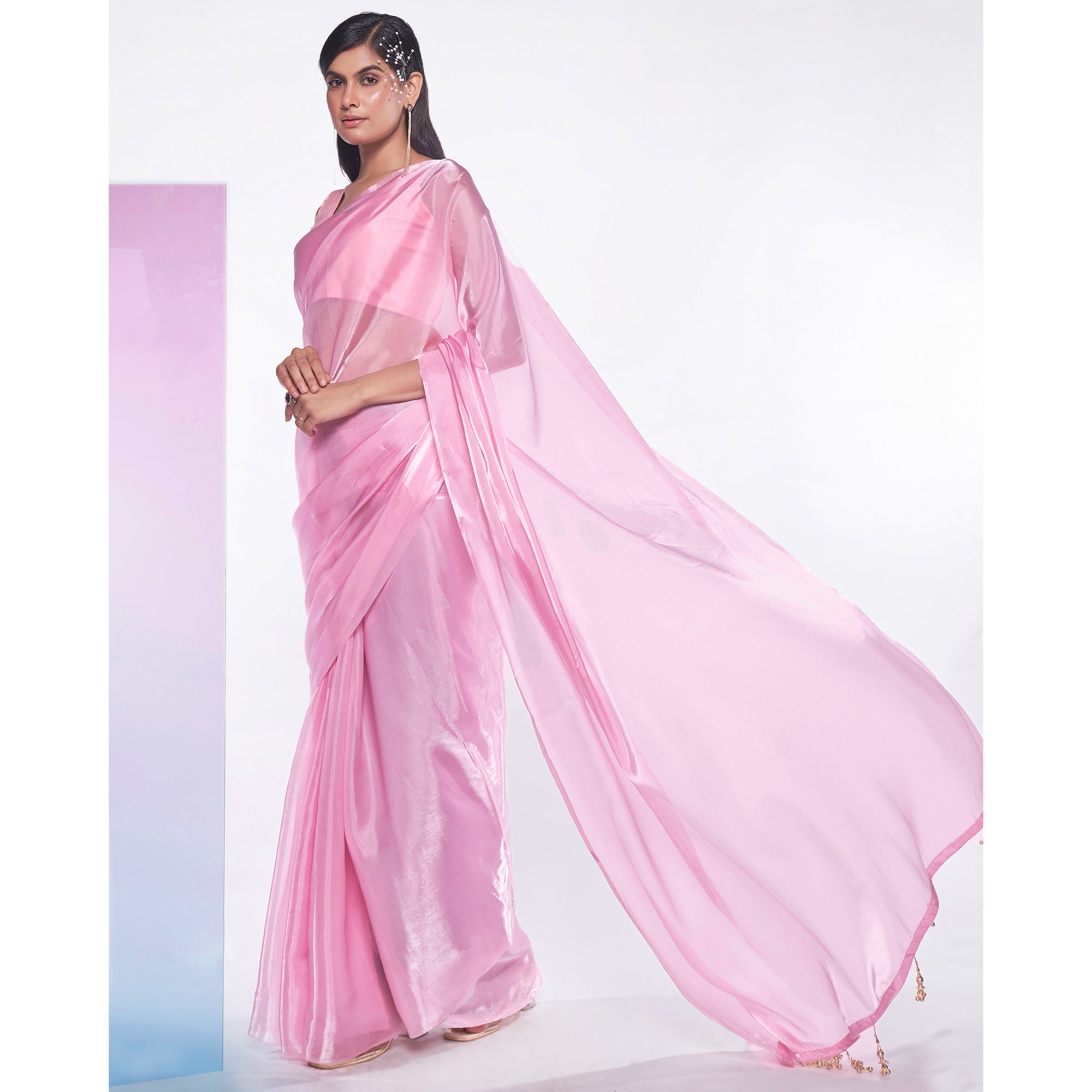 Pink Solid Organza Saree With Tassels