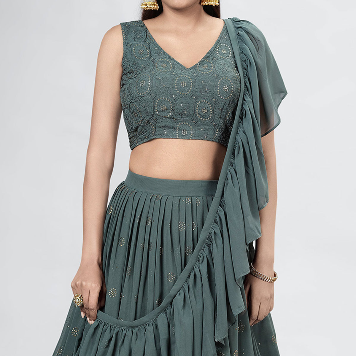 Dark Grey Embellished With Embroidered Georgette Lehenga Choli