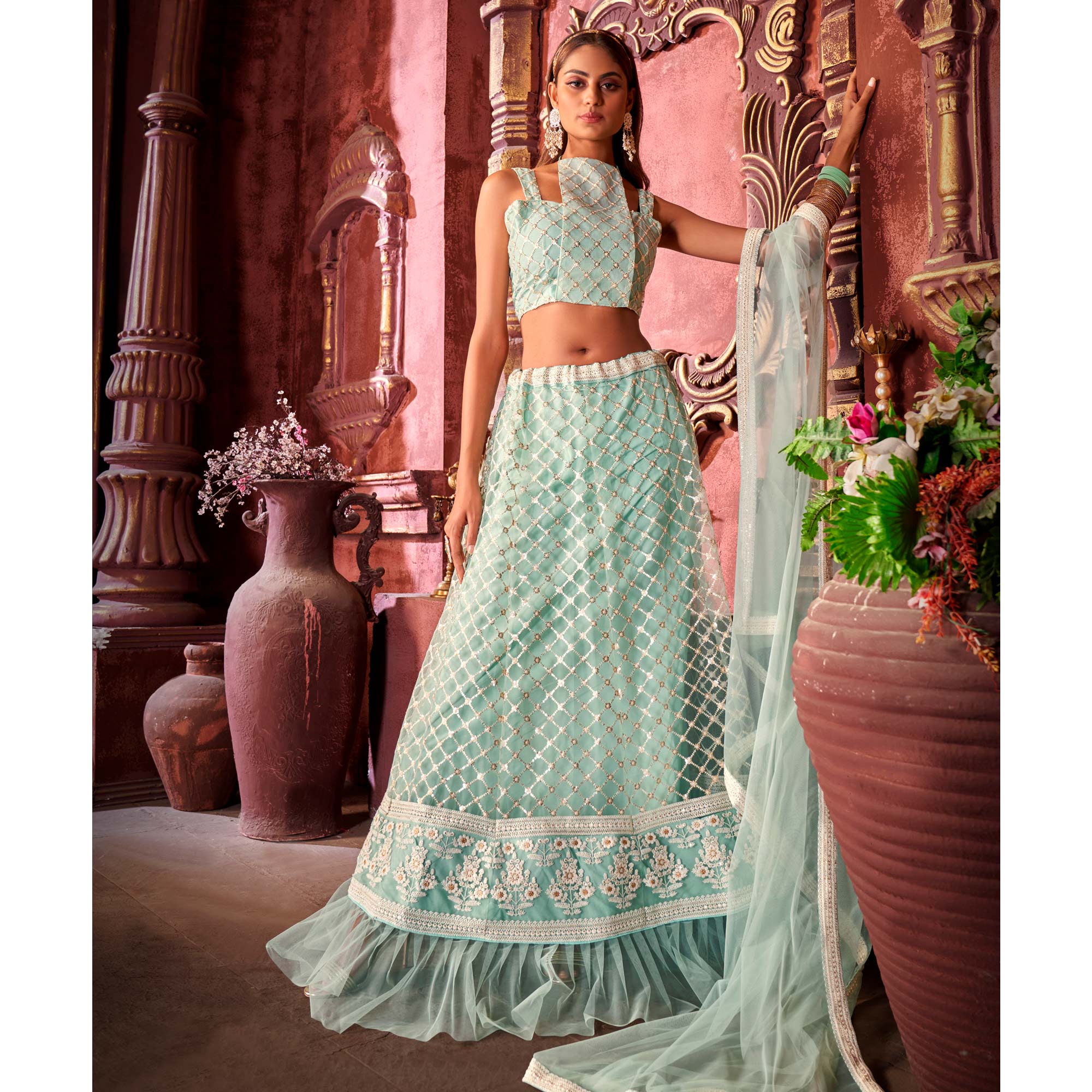 Blue Floral Sequins Embroidered Net Lehenga Choli