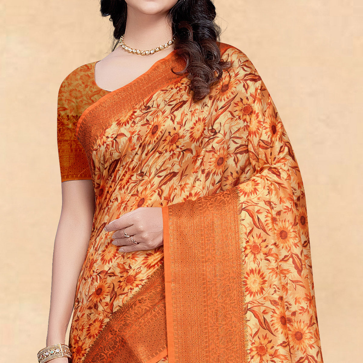 Orange Floral Digital Printed Tussar Silk Saree