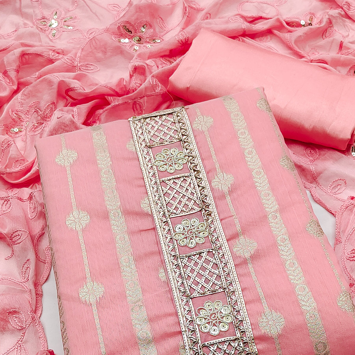 Pink Woven Banarasi Silk Dress Material