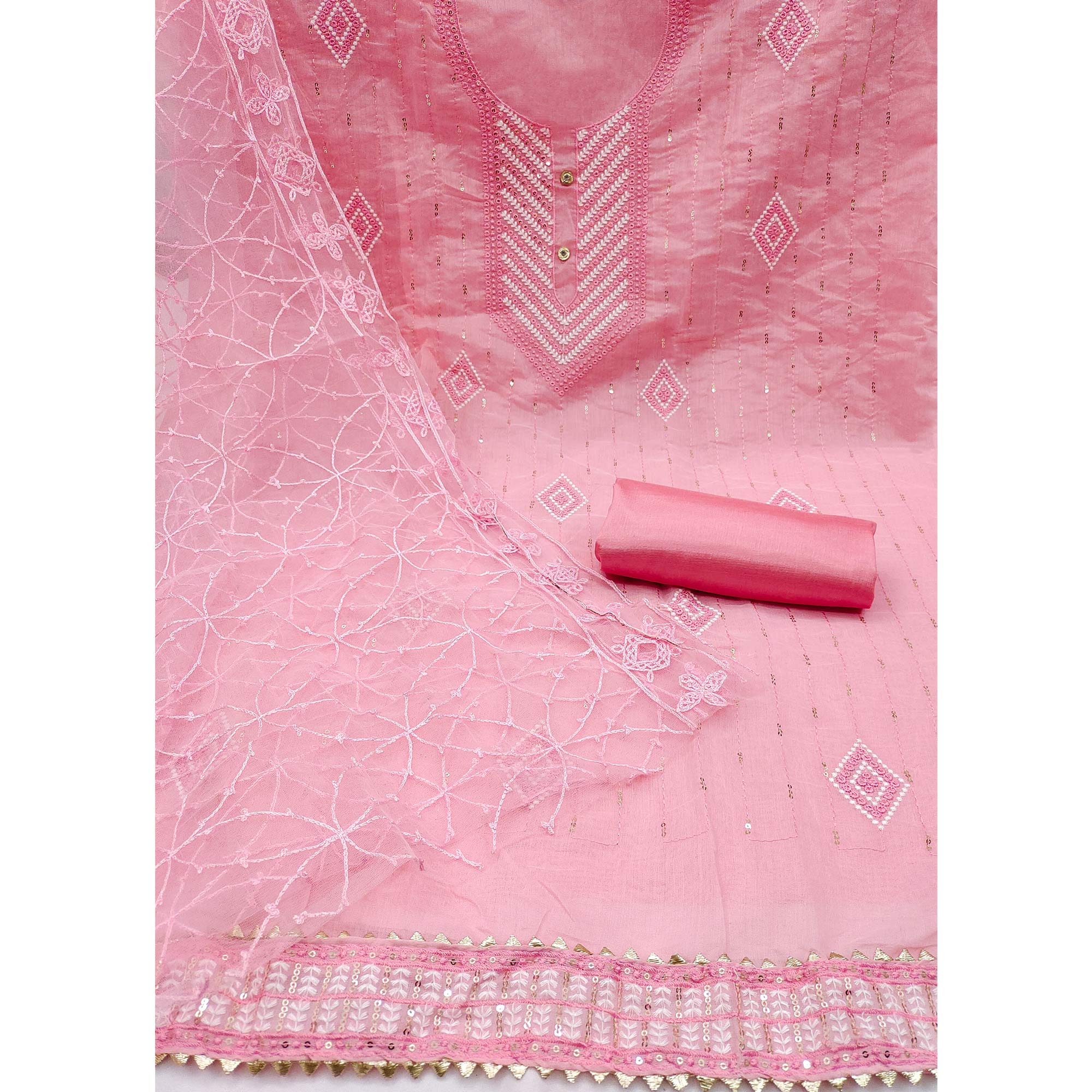 Pink Sequins Embroidered Chanderi Dress Material