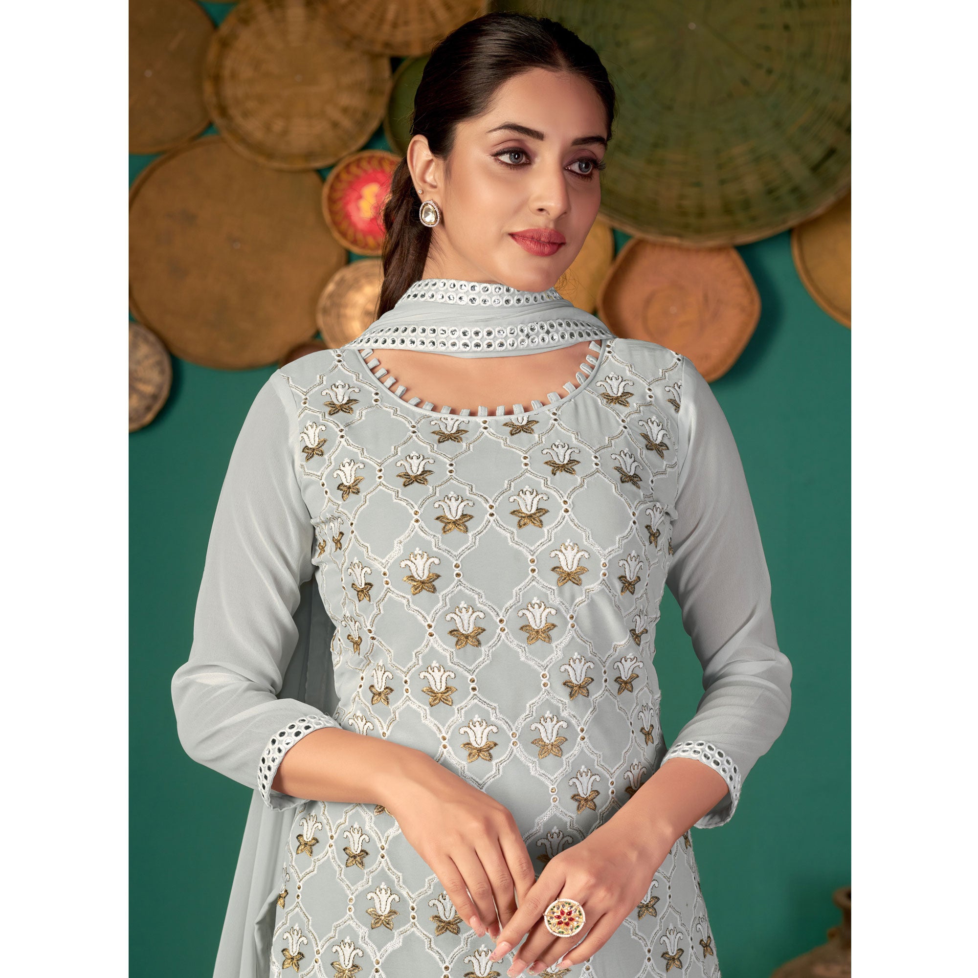 Grey Floral Embroidered Georgette Suit