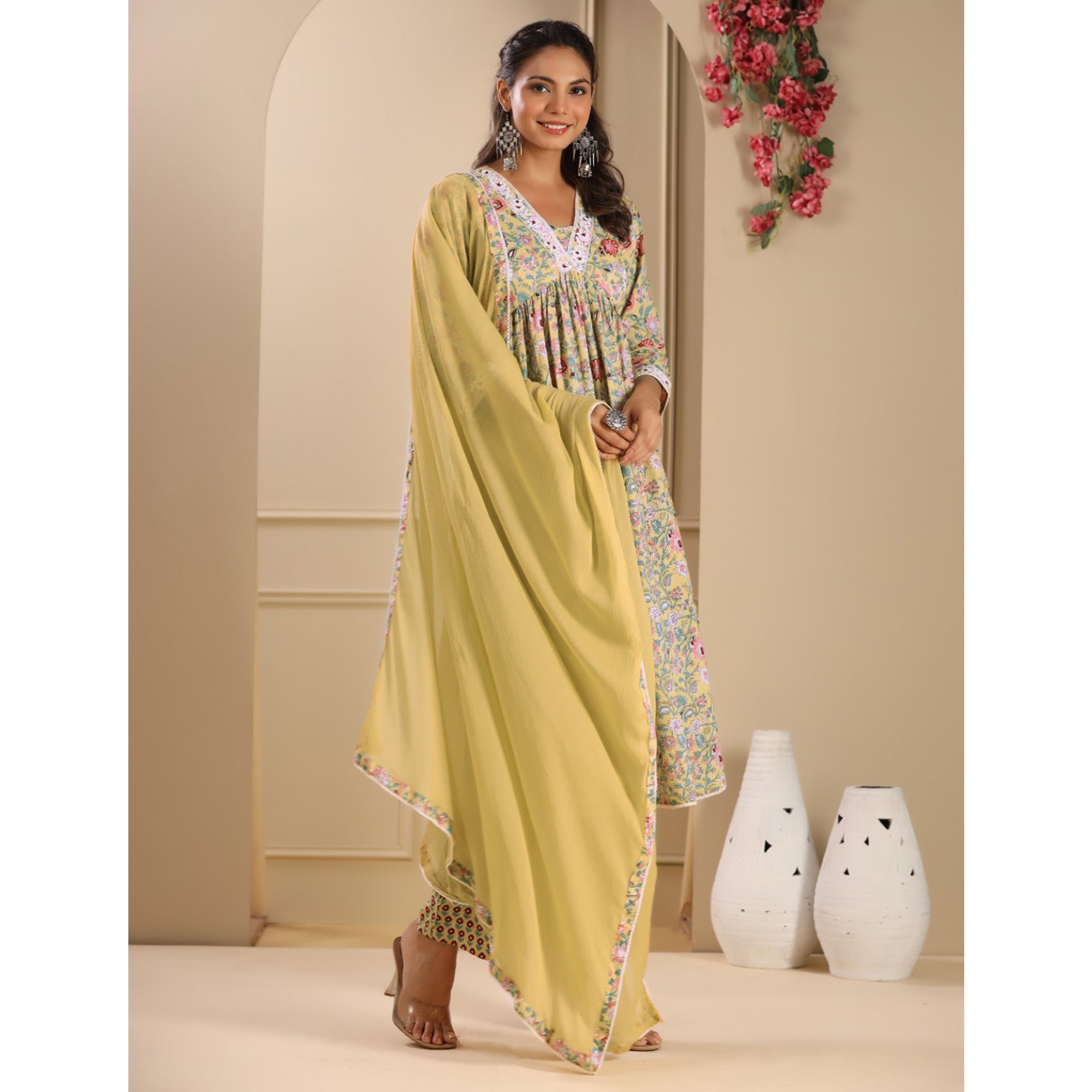 Mustard Floral Printed Pure Cotton Naira Cut Suit