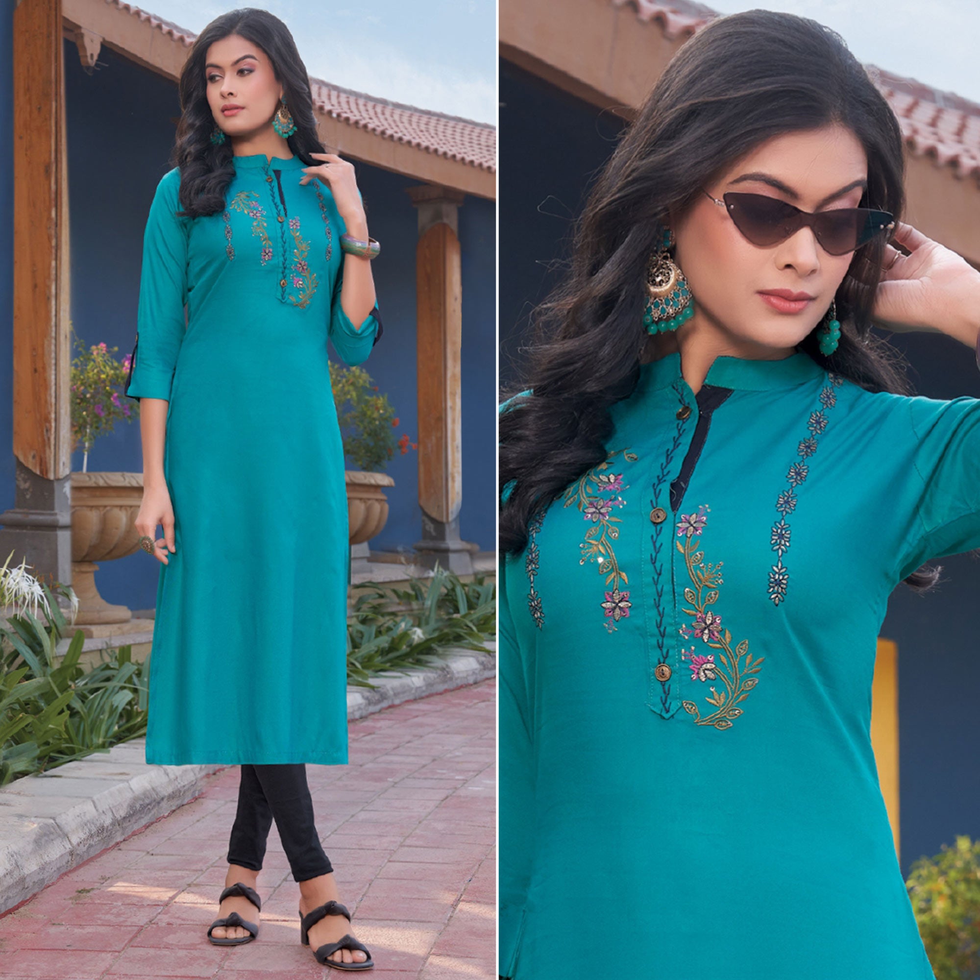 Rama Blue Embroidered Rayon Kurti