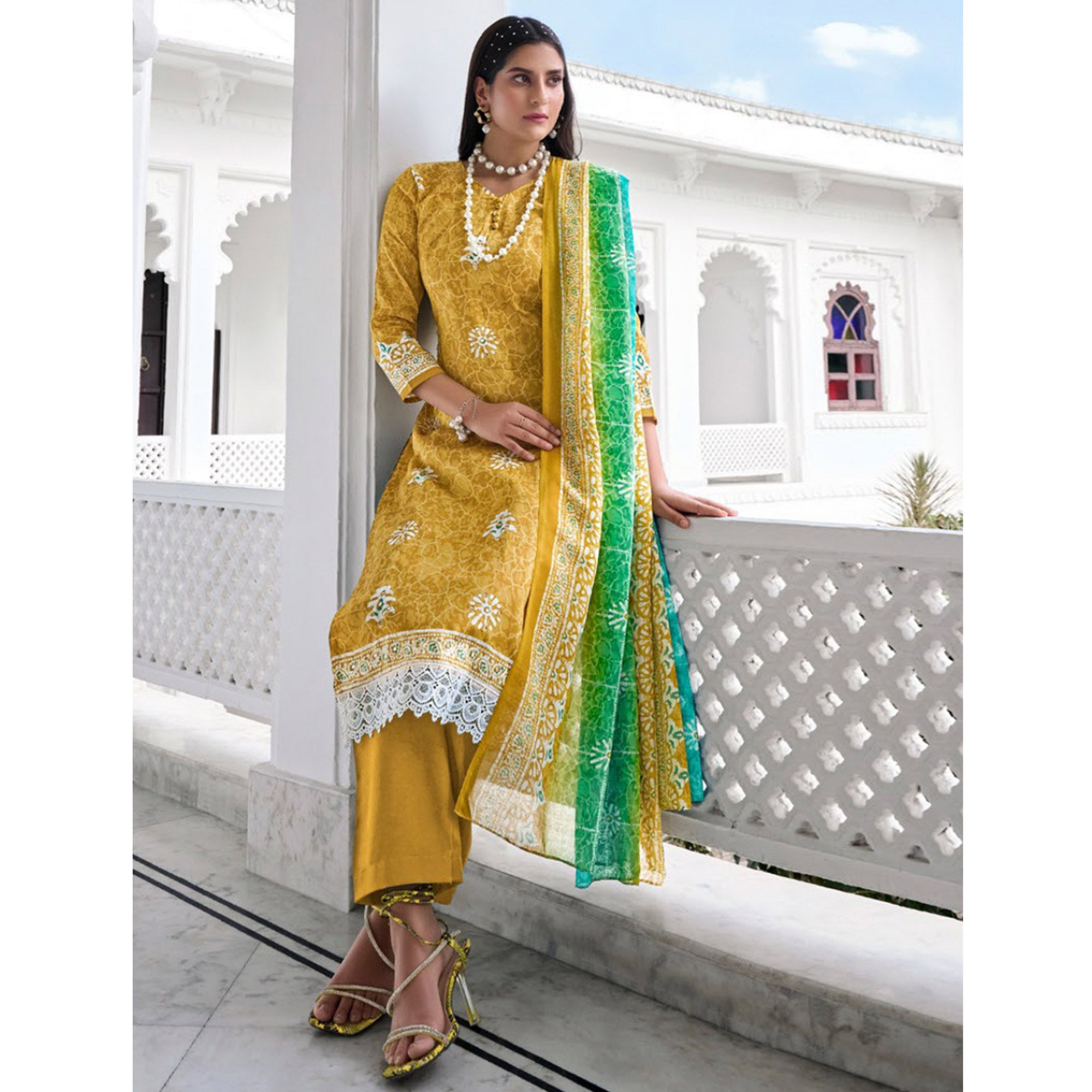 Mehendi Green Digital Printed With Mirror Work Pure Cotton Suit