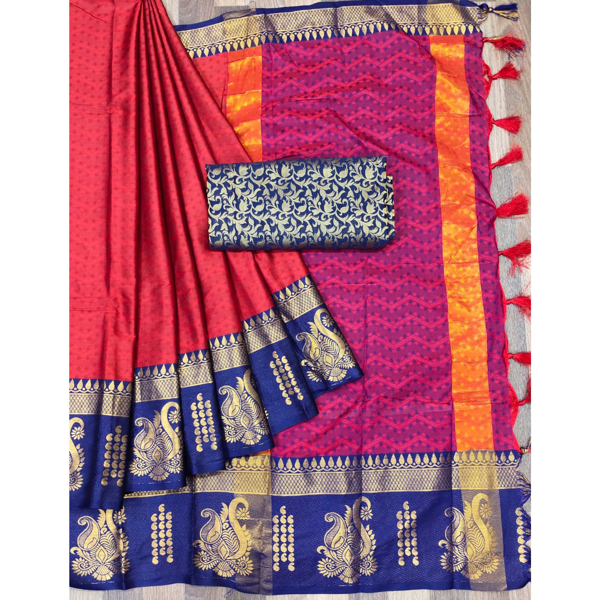 Red Woven Cotton Silk Saree With Tassels