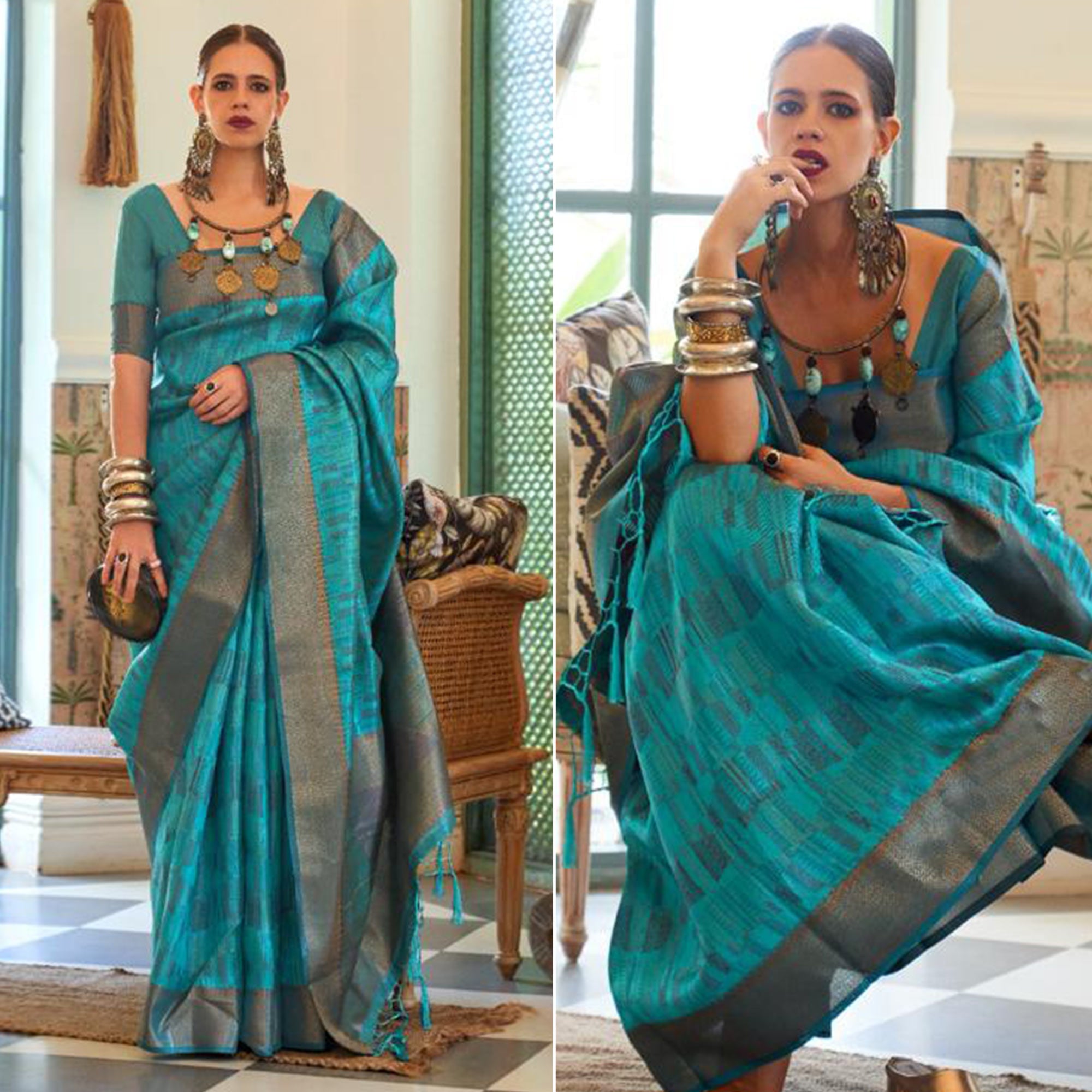 Firozi Blue Woven Organza Saree With Tassels