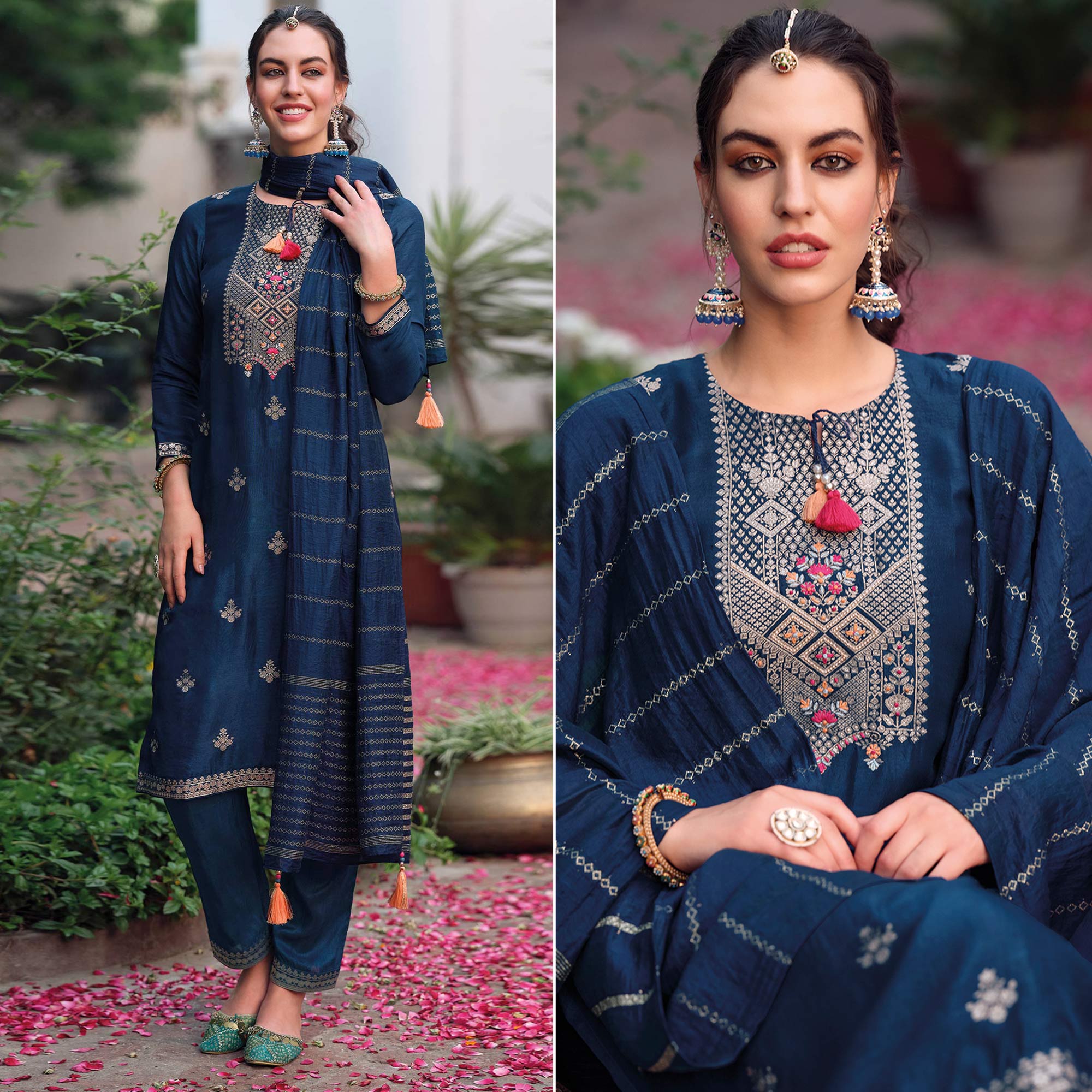 Blue Floral Woven Muslin Salwar Suit