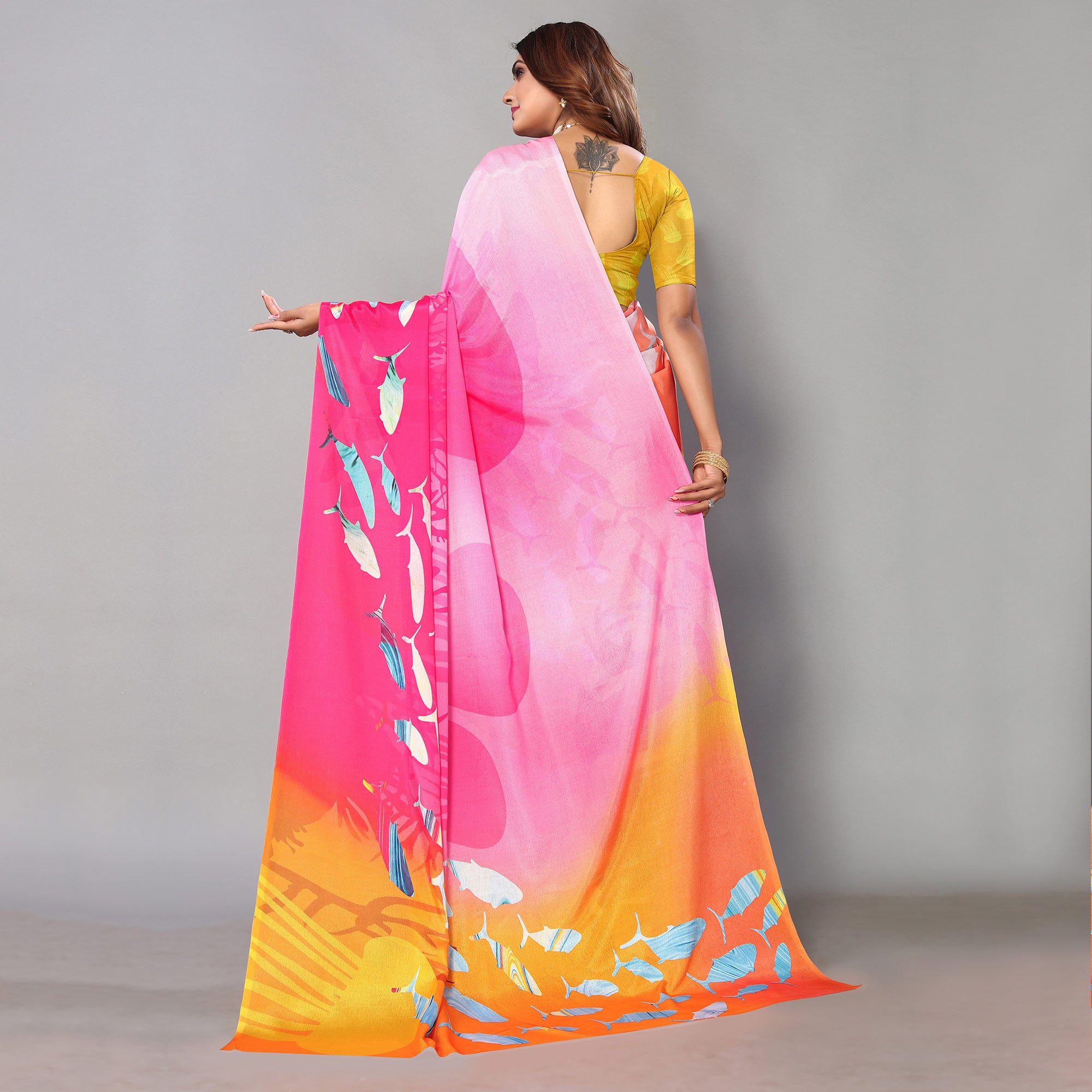 Multicolored Digital Printed Chiffon Saree
