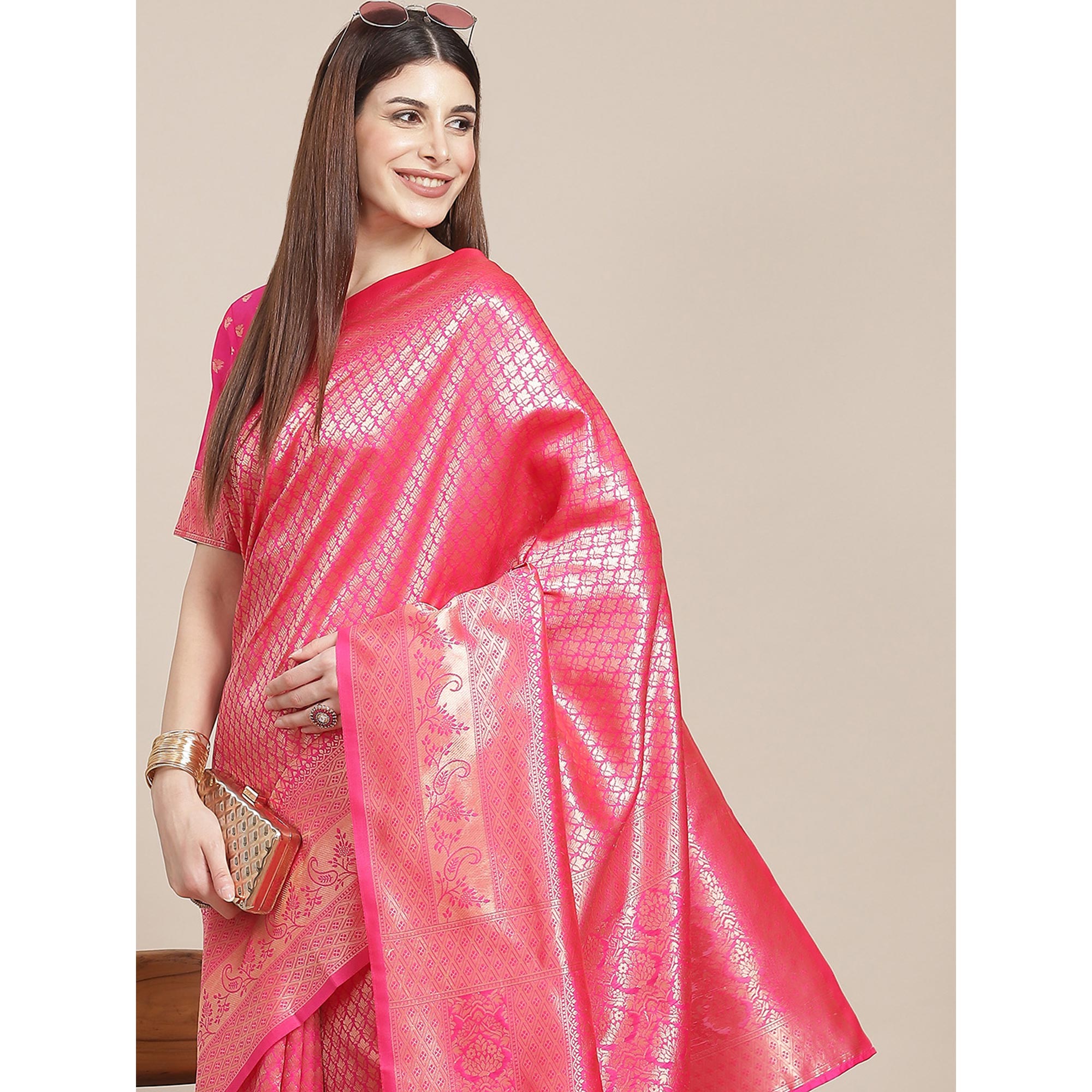 Pink Woven Banarasi Silk Saree