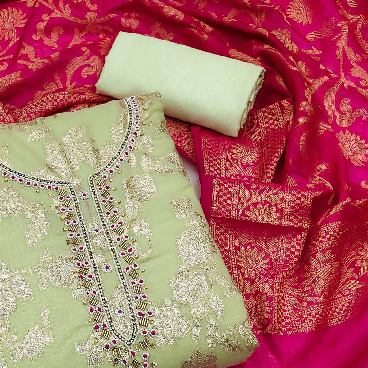 Green Floral Woven With Handwork Banarasi Silk Dress Material