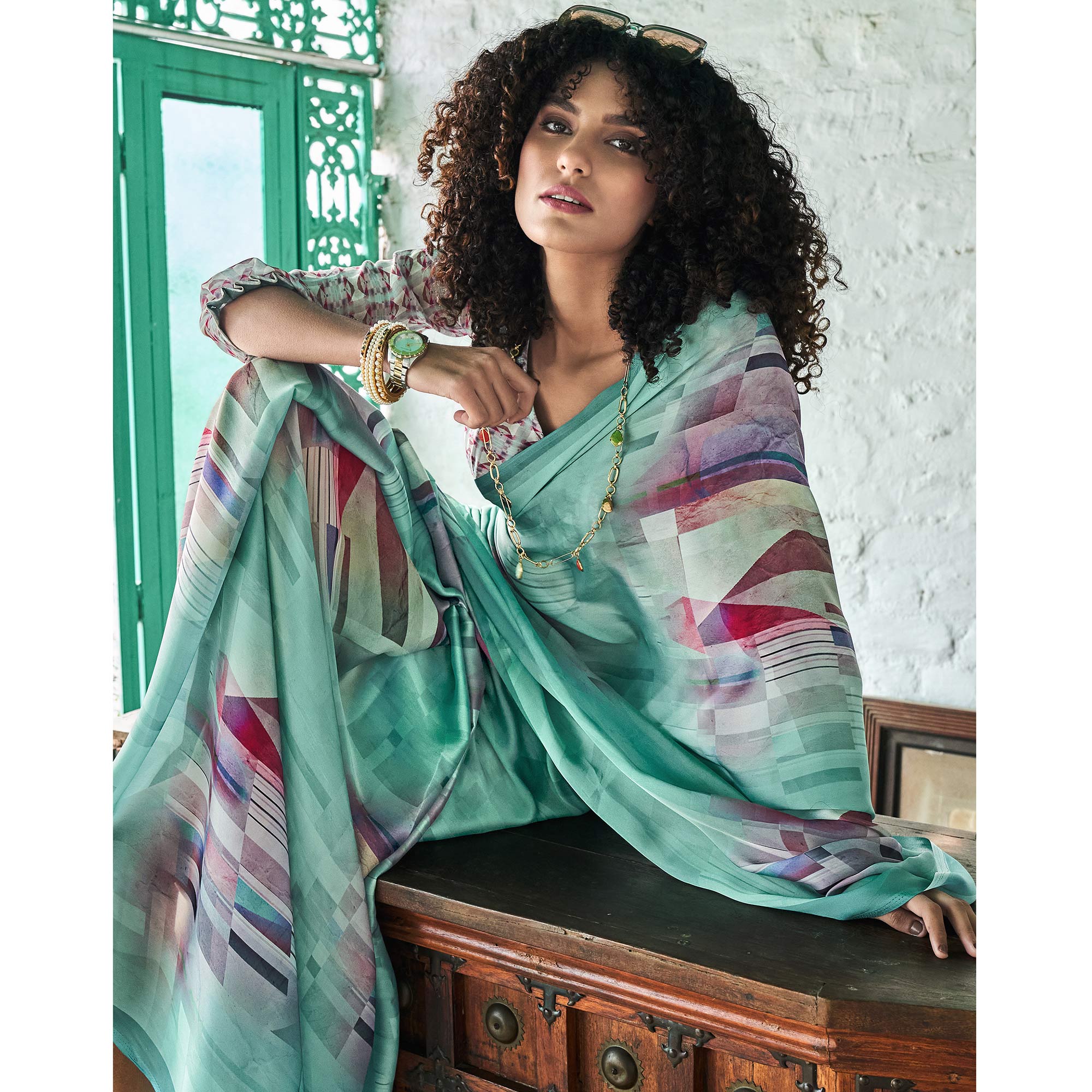 Sea Green Digital Printed Satin Saree