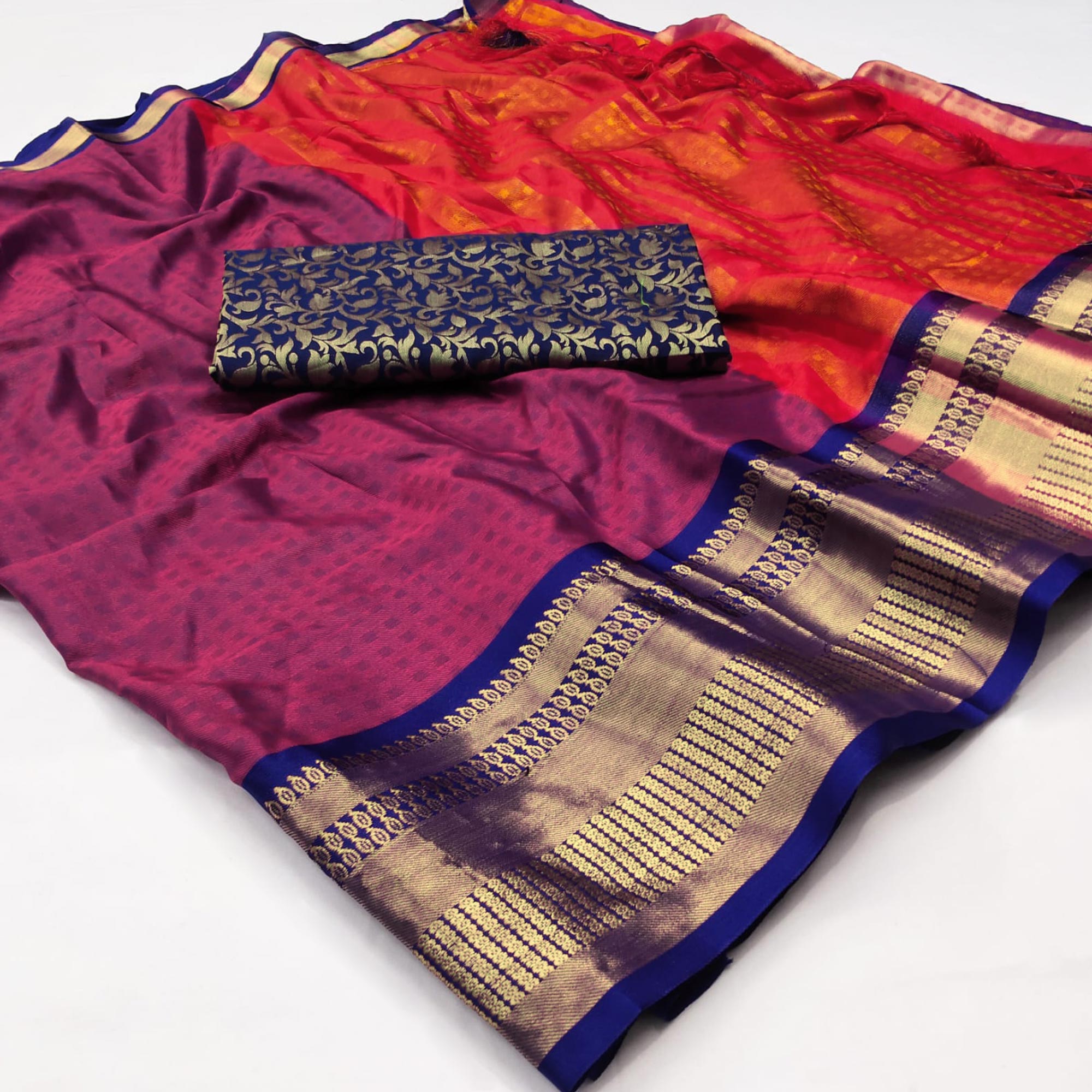 Red Woven Cotton Silk Saree With Tassels