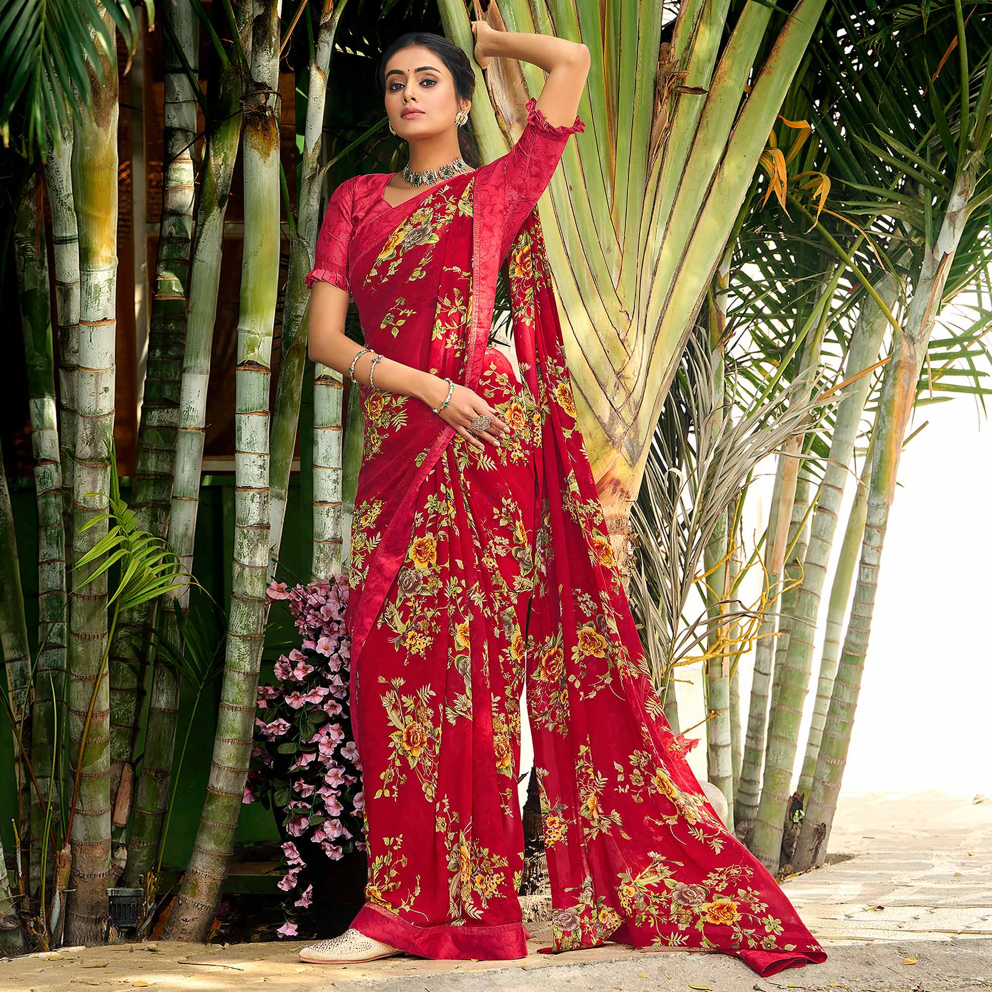 Red Floral Printed Georgette Saree