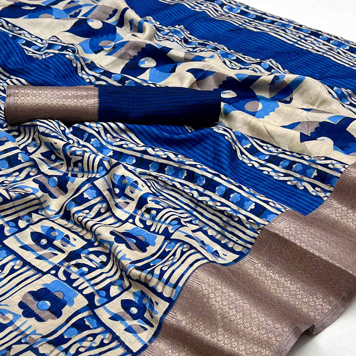 Royal Blue Printed With Woven Border Dola Silk Saree