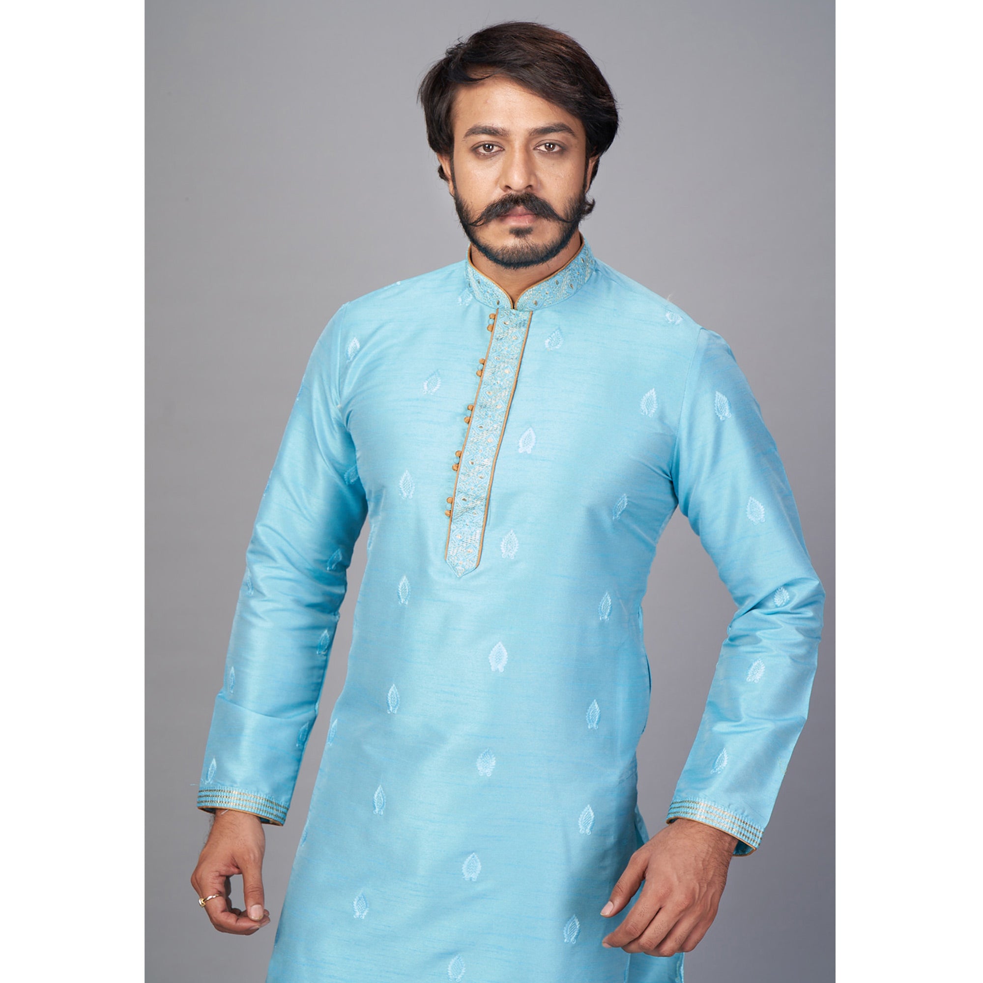 Blue Embroidered Jacquard Kurta Pyjama Set