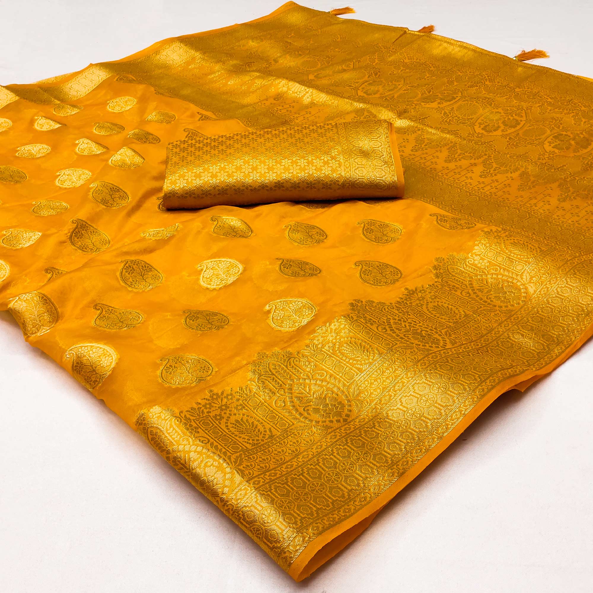 Yellow Woven Organza Saree With Tassels