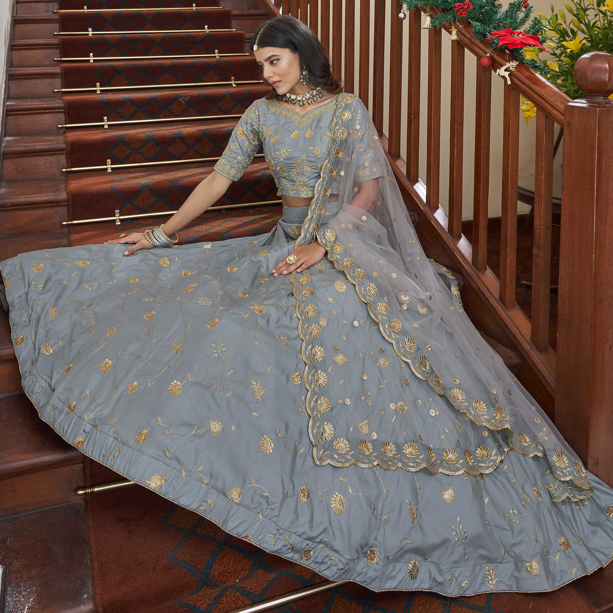 Grey Sequins Embroidered Art Silk Lehenga Choli