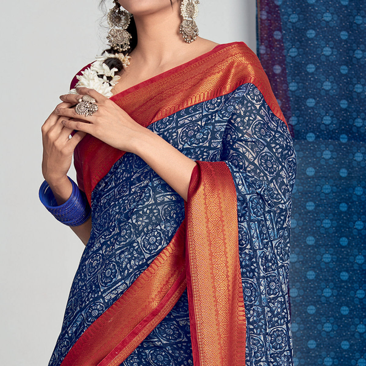 Blue Printed With Woven Border Cotton Blend Saree