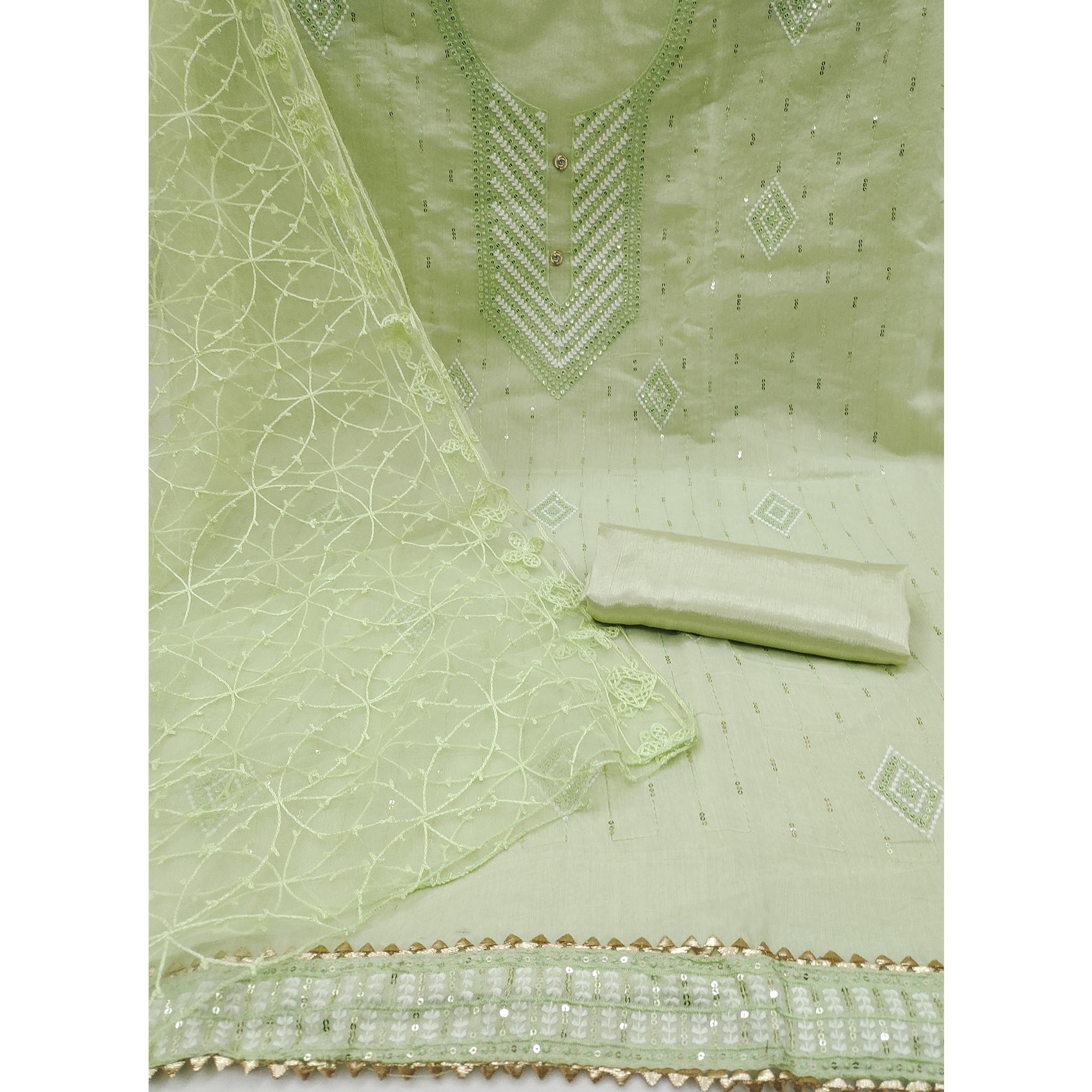 Pista Green Sequins Embroidered Chanderi Dress Material