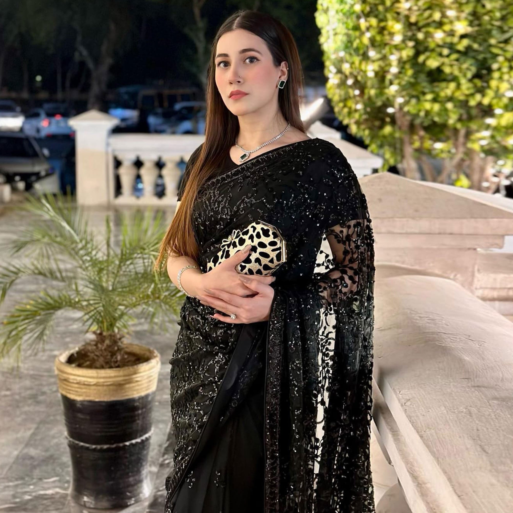 Black Sequins Embroidered Georgette Saree
