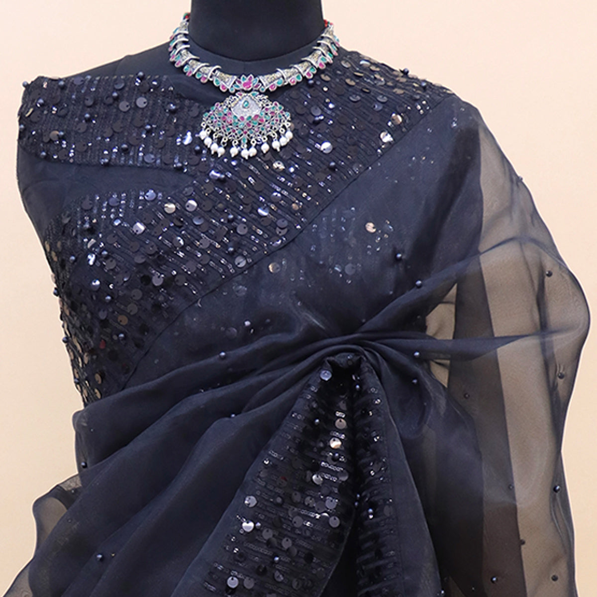 Black Sequins Embroidered Organza Saree