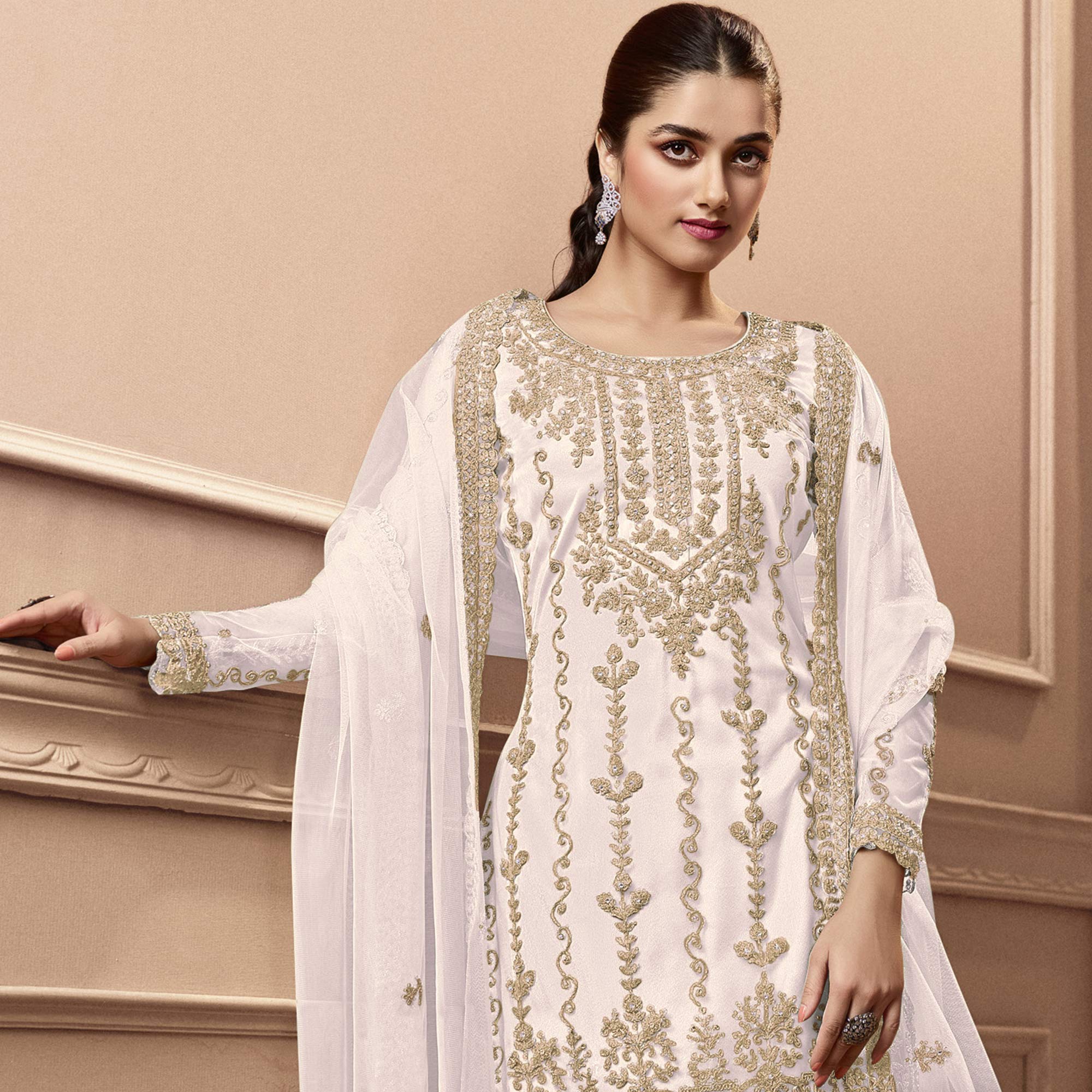 White Floral Embroidered Netted Pakistani Suit