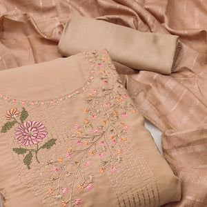 Beige Floral Embroidered Georgette Dress Material