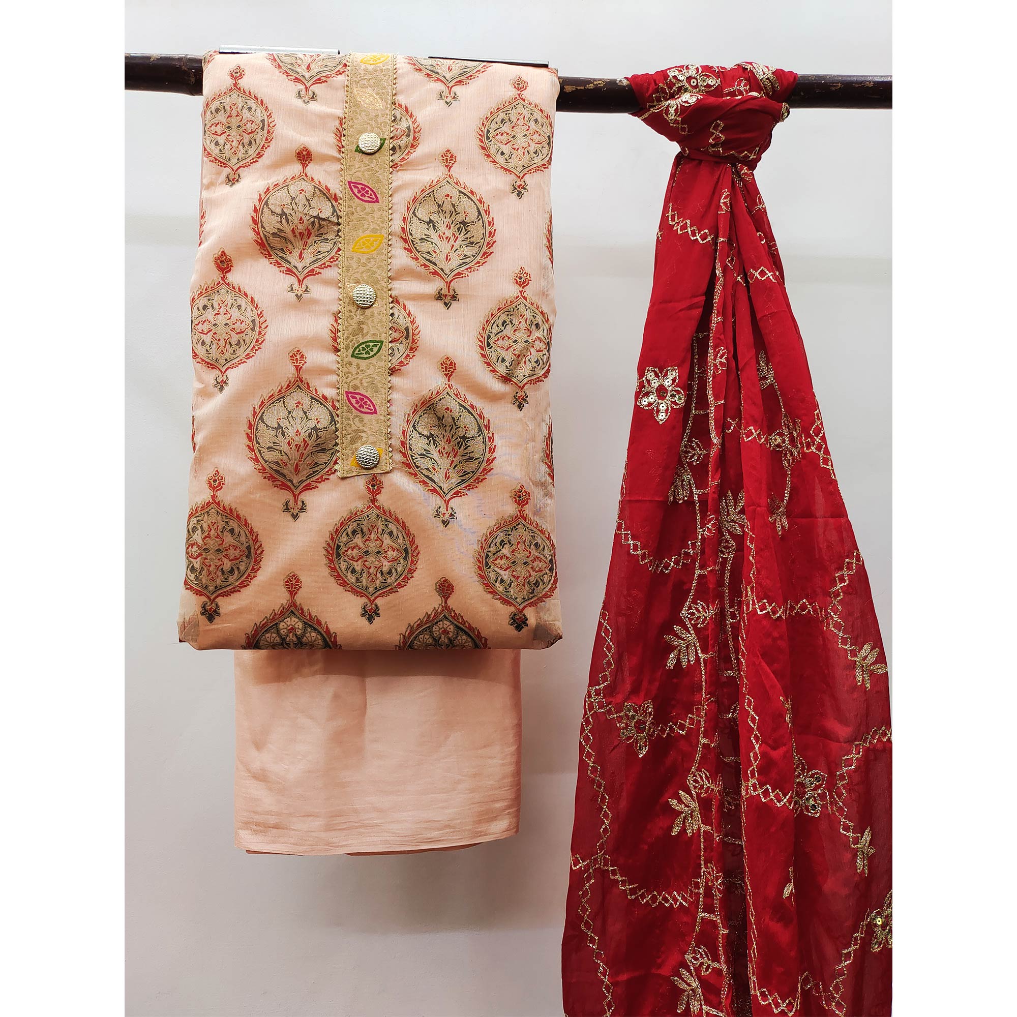 Peach Embroidered Chanderi Dress Material