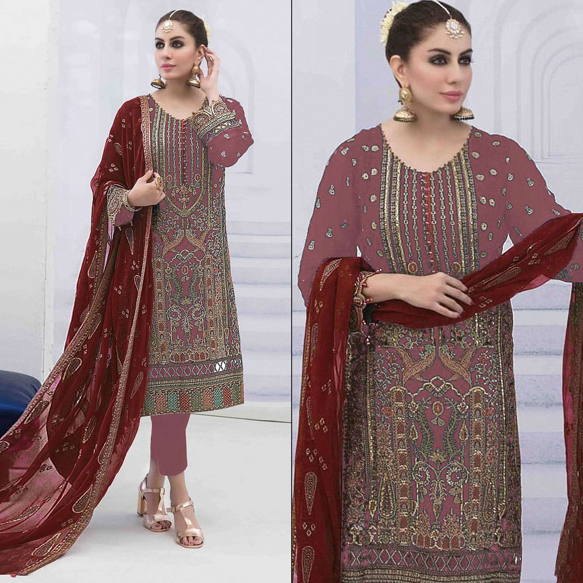 Mauve Embroidered Georgette Semi Stitched Pakistani Suit