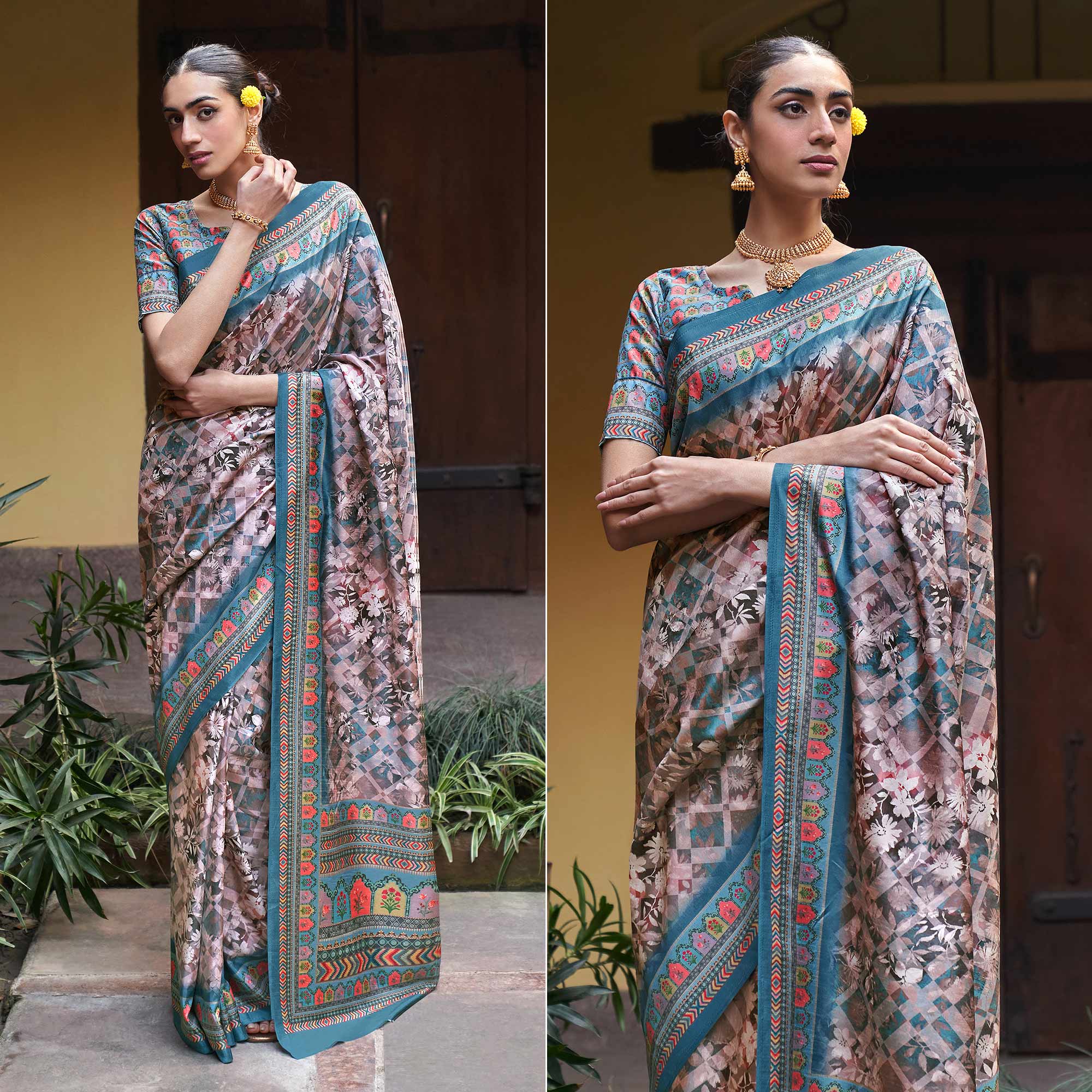 Mauve Digital Printed Satin Saree