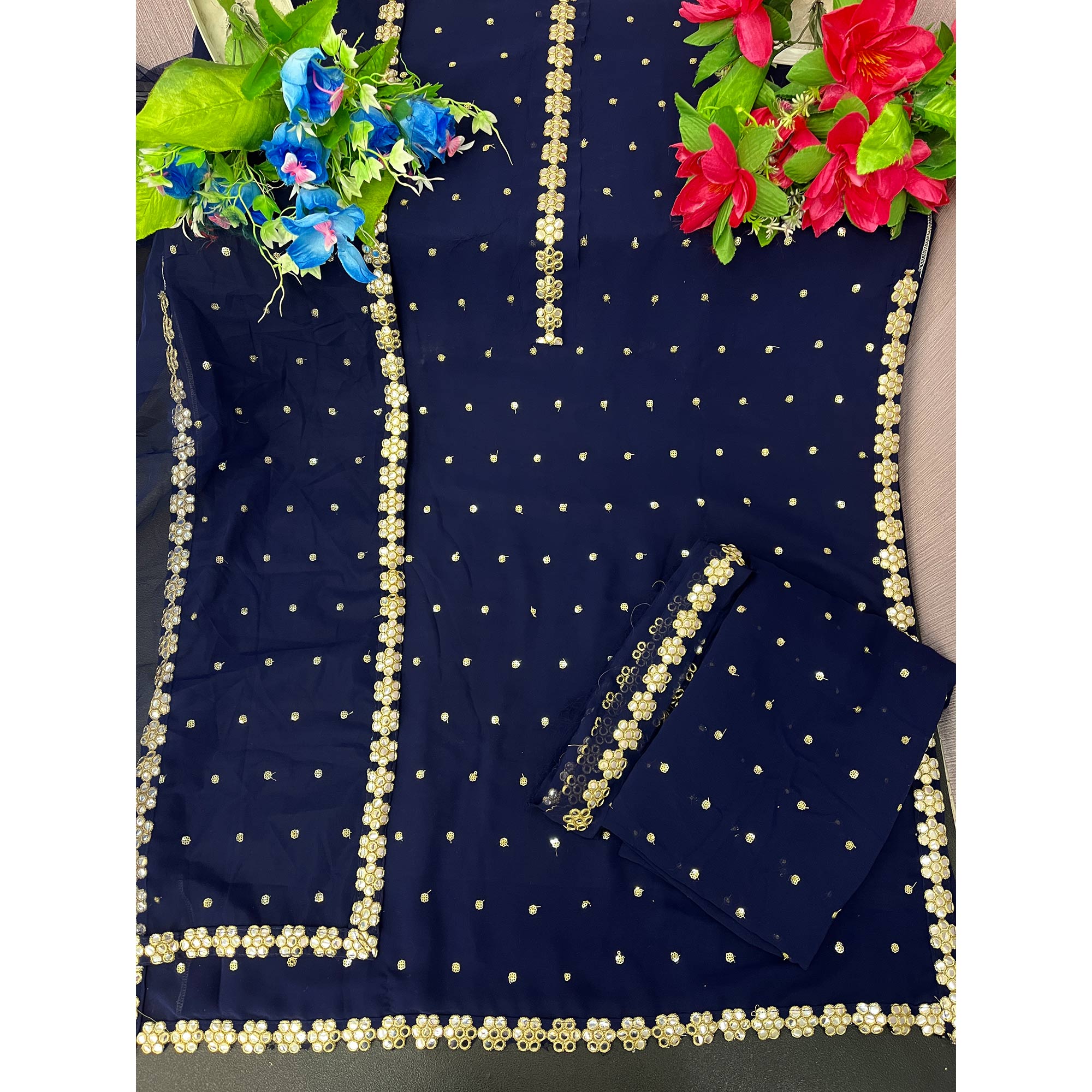 Blue Sequins Embroidered Georgette Sharara Suit