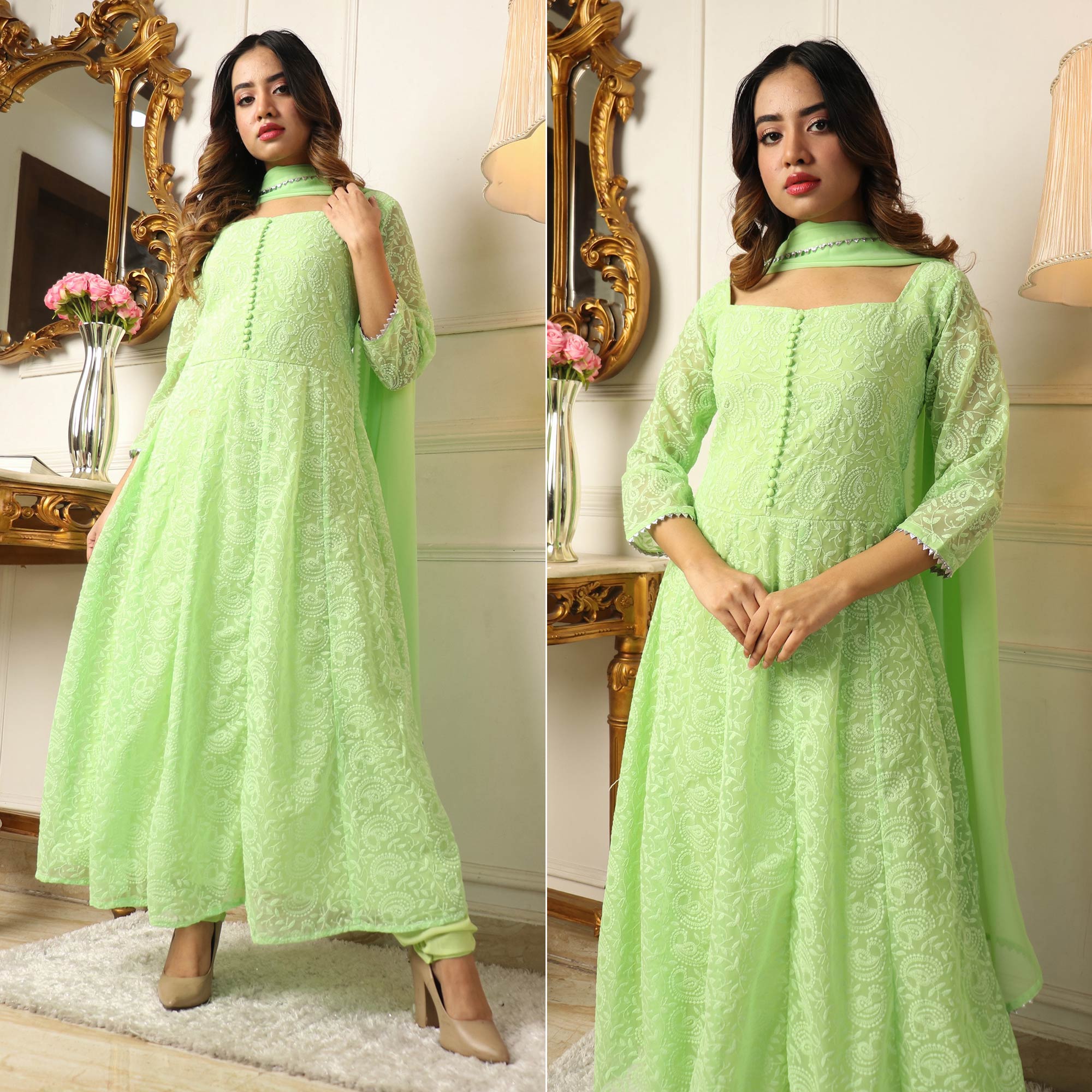 Pista Green Chikankari Work Georgette Anarkali Suit