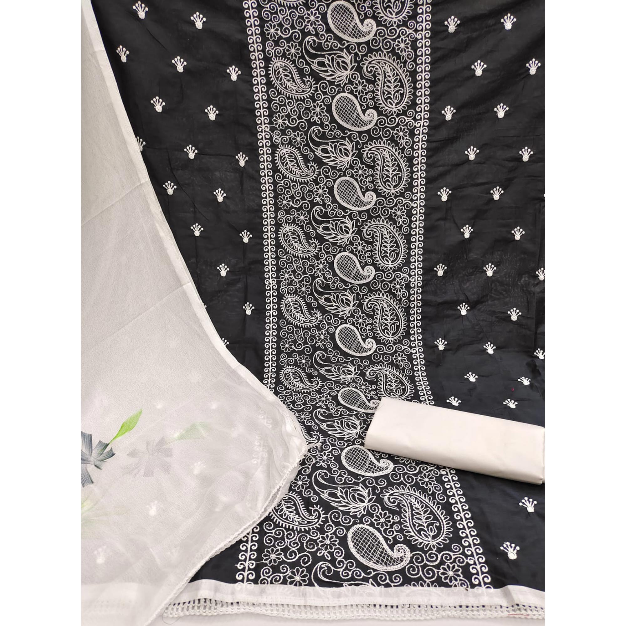 Dark Grey Embroidered Cotton Blend Dress Material