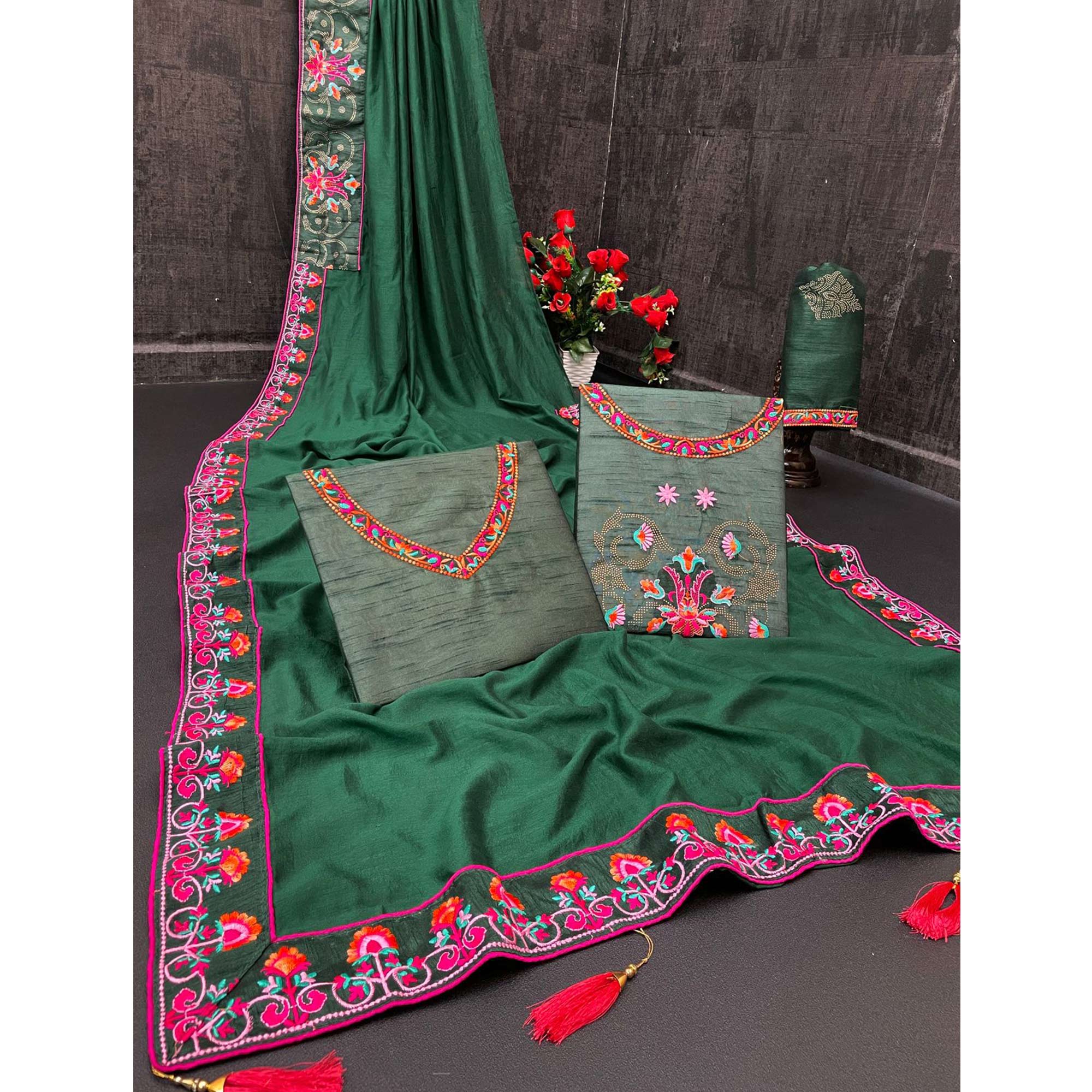 Green Floral Embroidered Vichitra Silk Saree