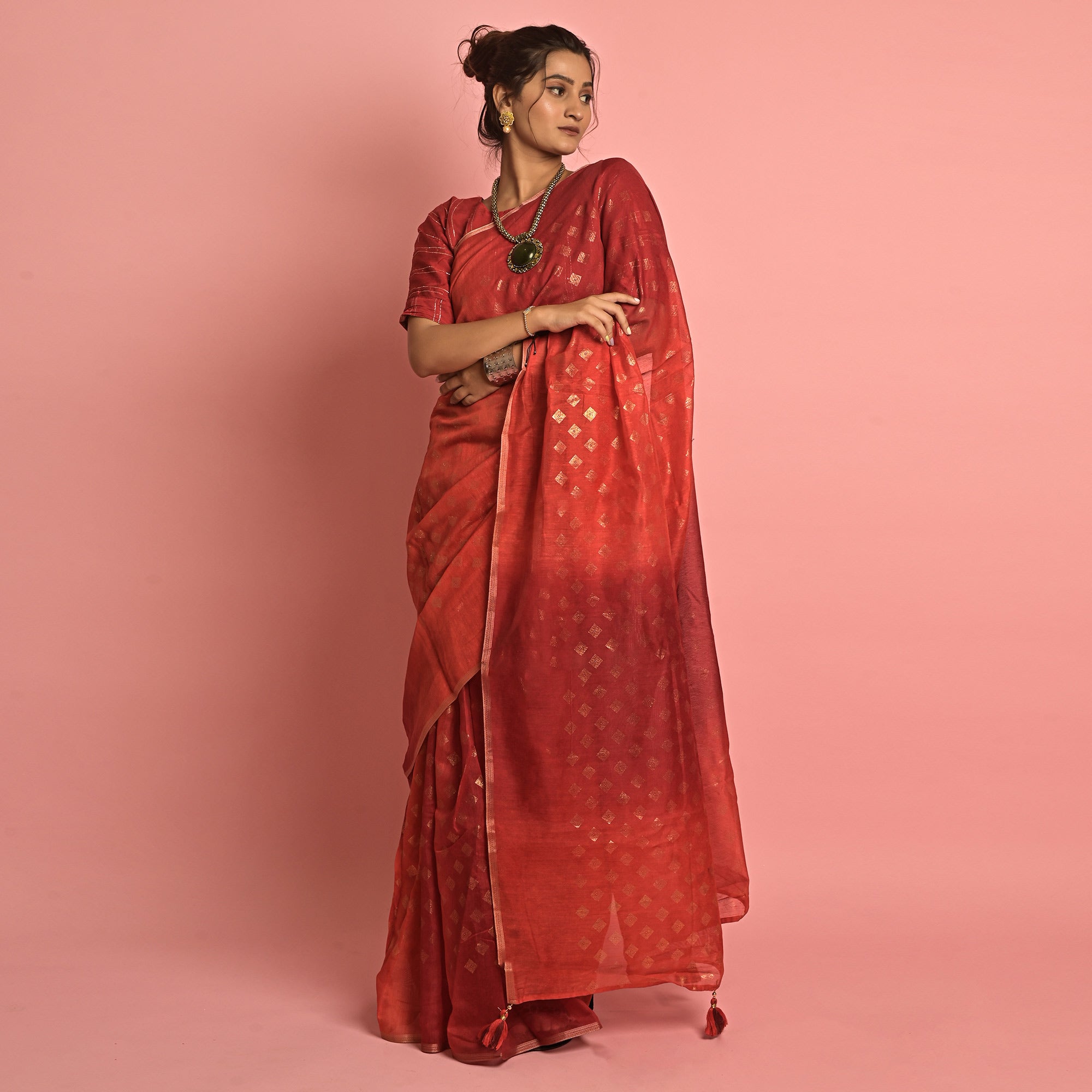 Red & Coral Foil Printed Cotton Blend Saree