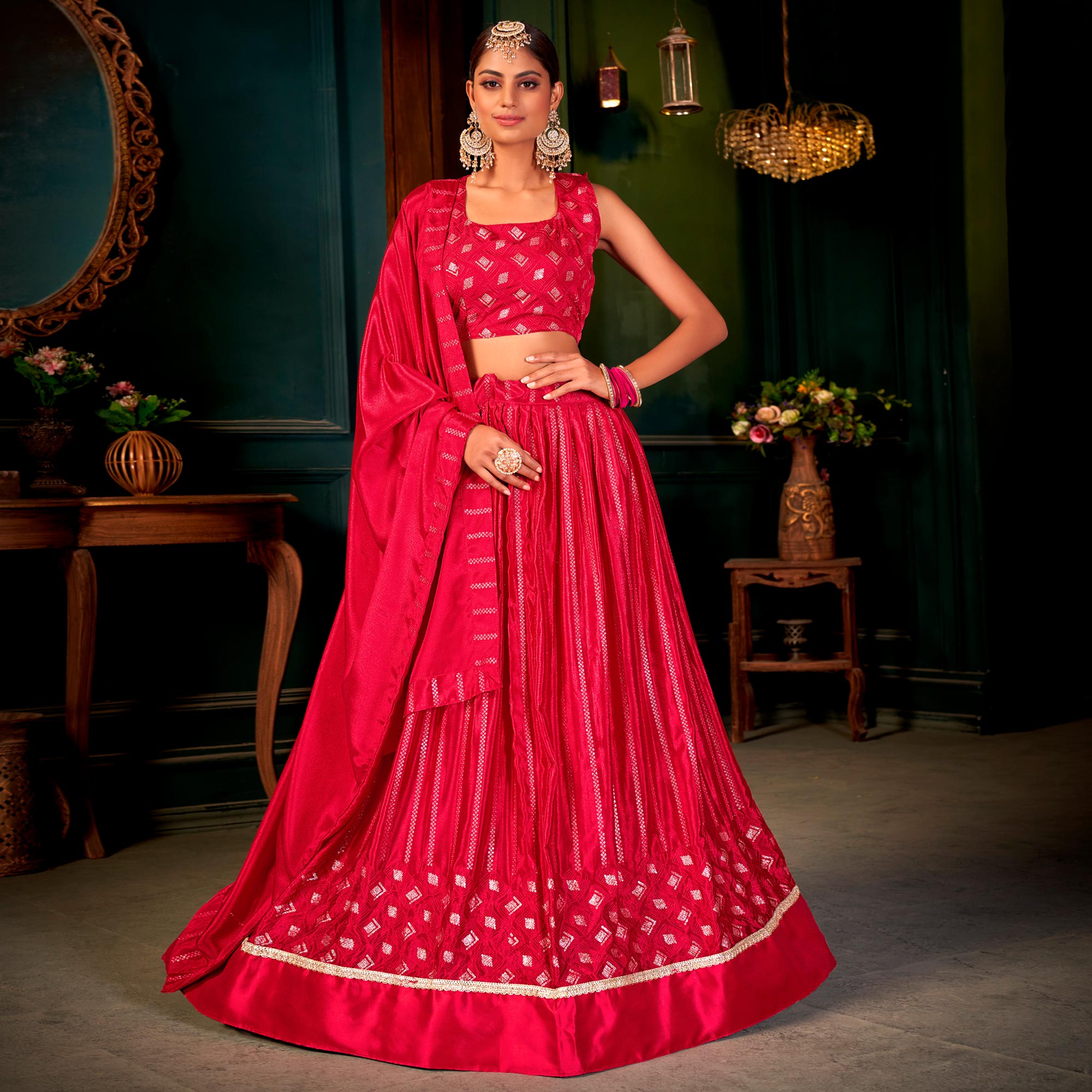 Pink Sequins Embroidered Chiffon Lehenga Choli