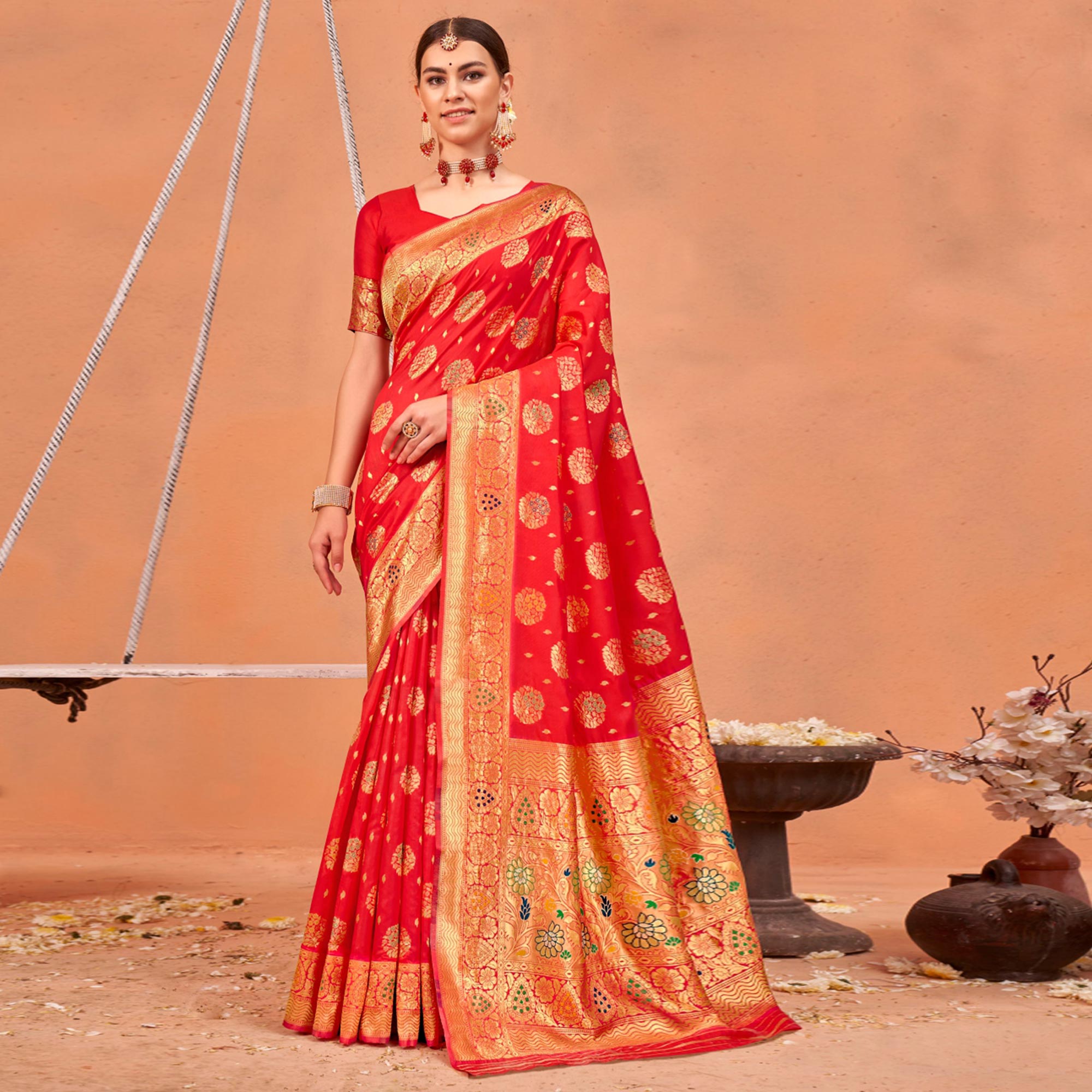 Red Floral Woven Art Silk Saree