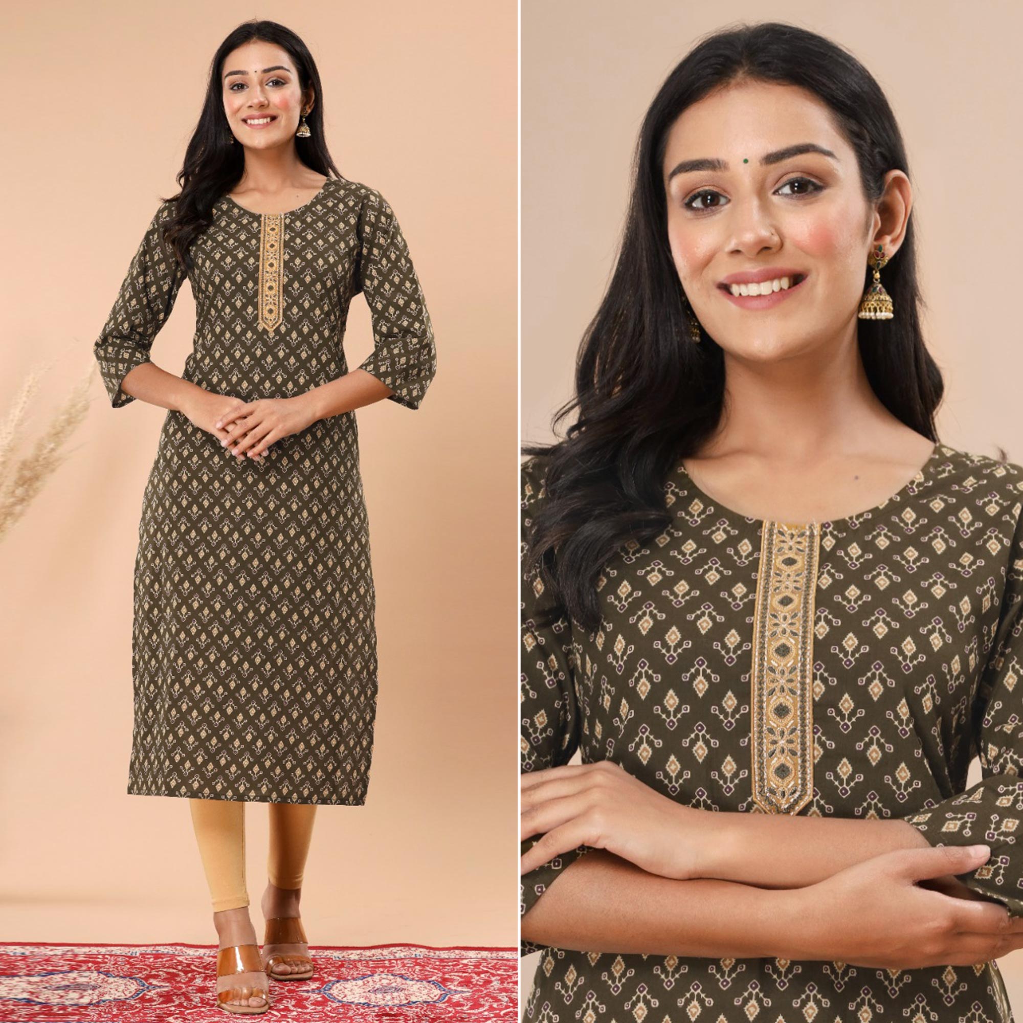 Mehendi Green Floral Printed Pure Cotton Kurti