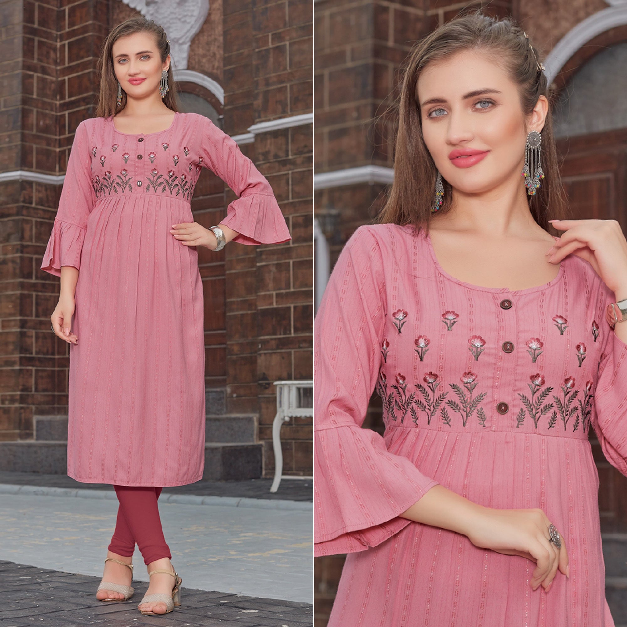 Pink Floral Embroidered Rayon Naira Cut Kurti