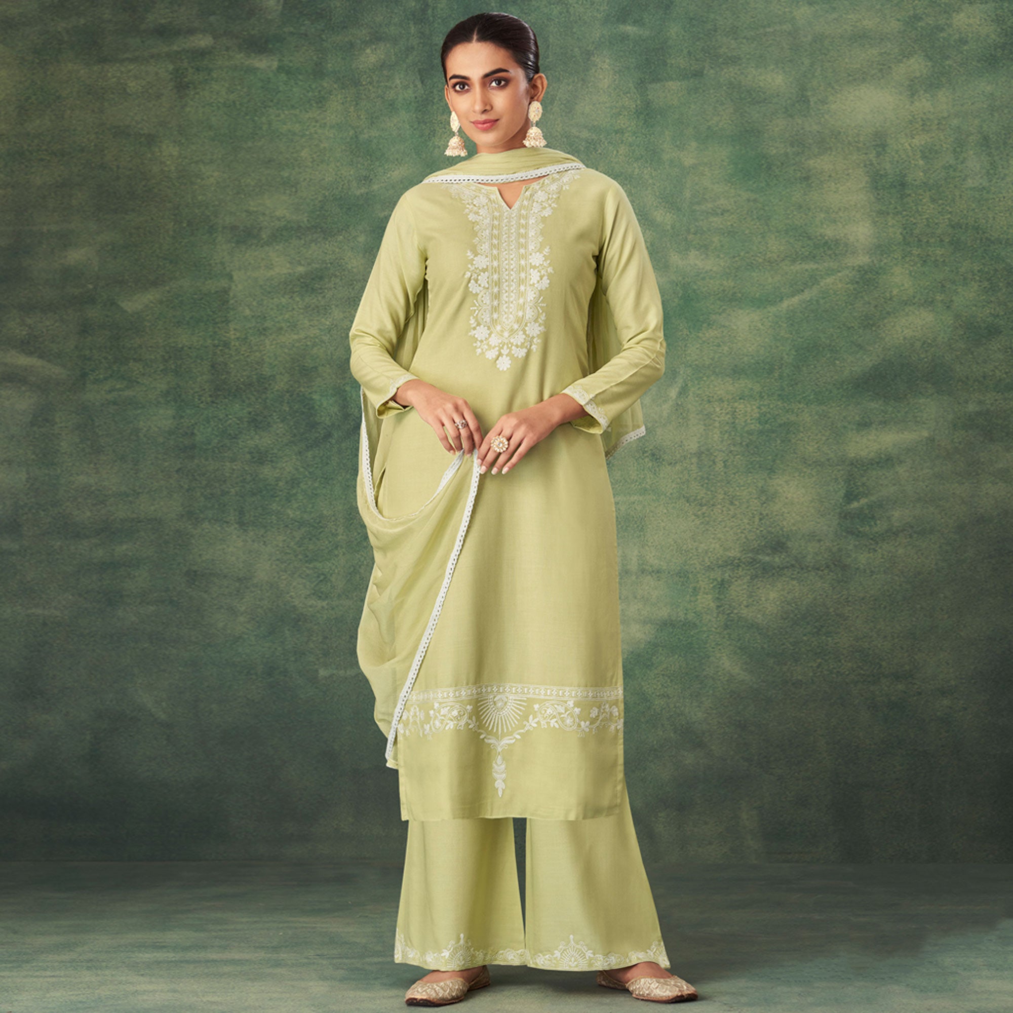 Green Floral Lucknowi Rayon Palazzo Suit