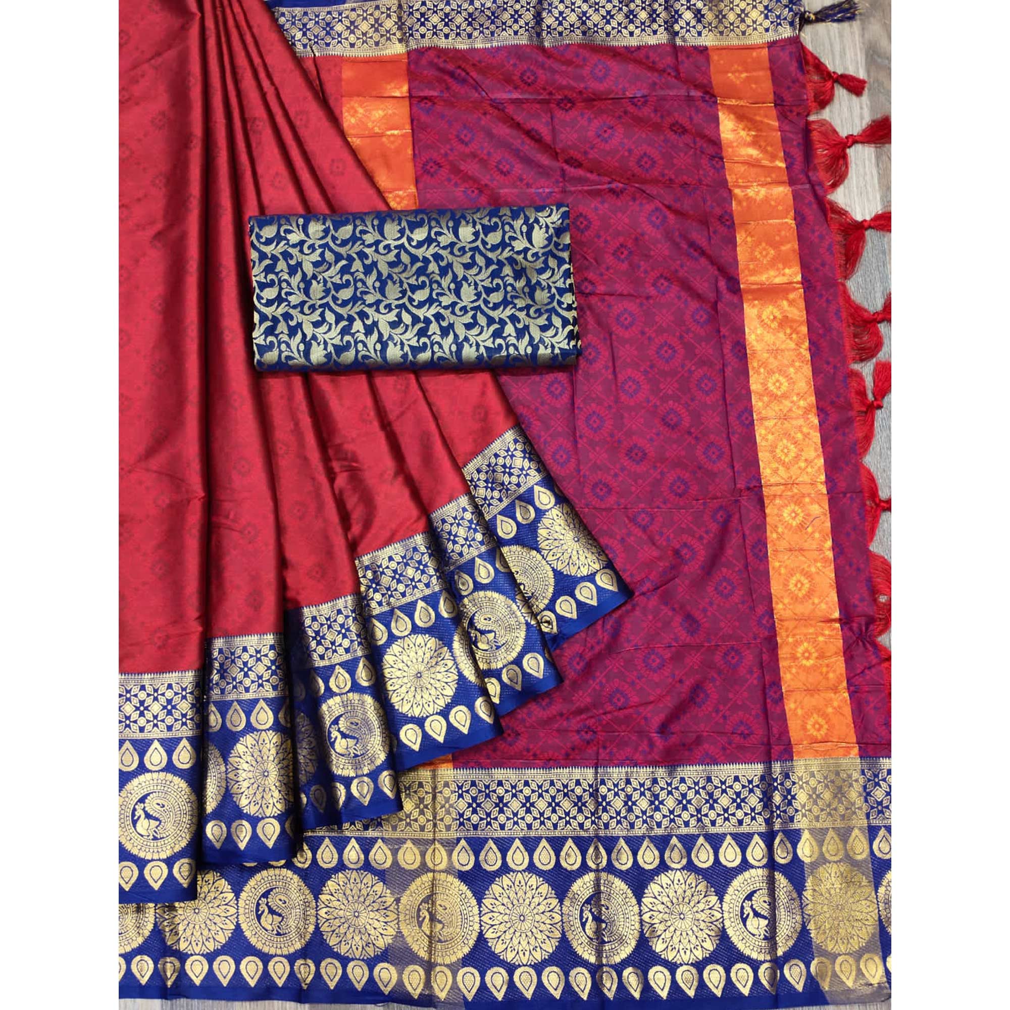 Red Woven Cotton Silk Saree With Tassels