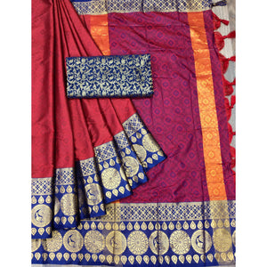 Red Woven Cotton Silk Saree With Tassels