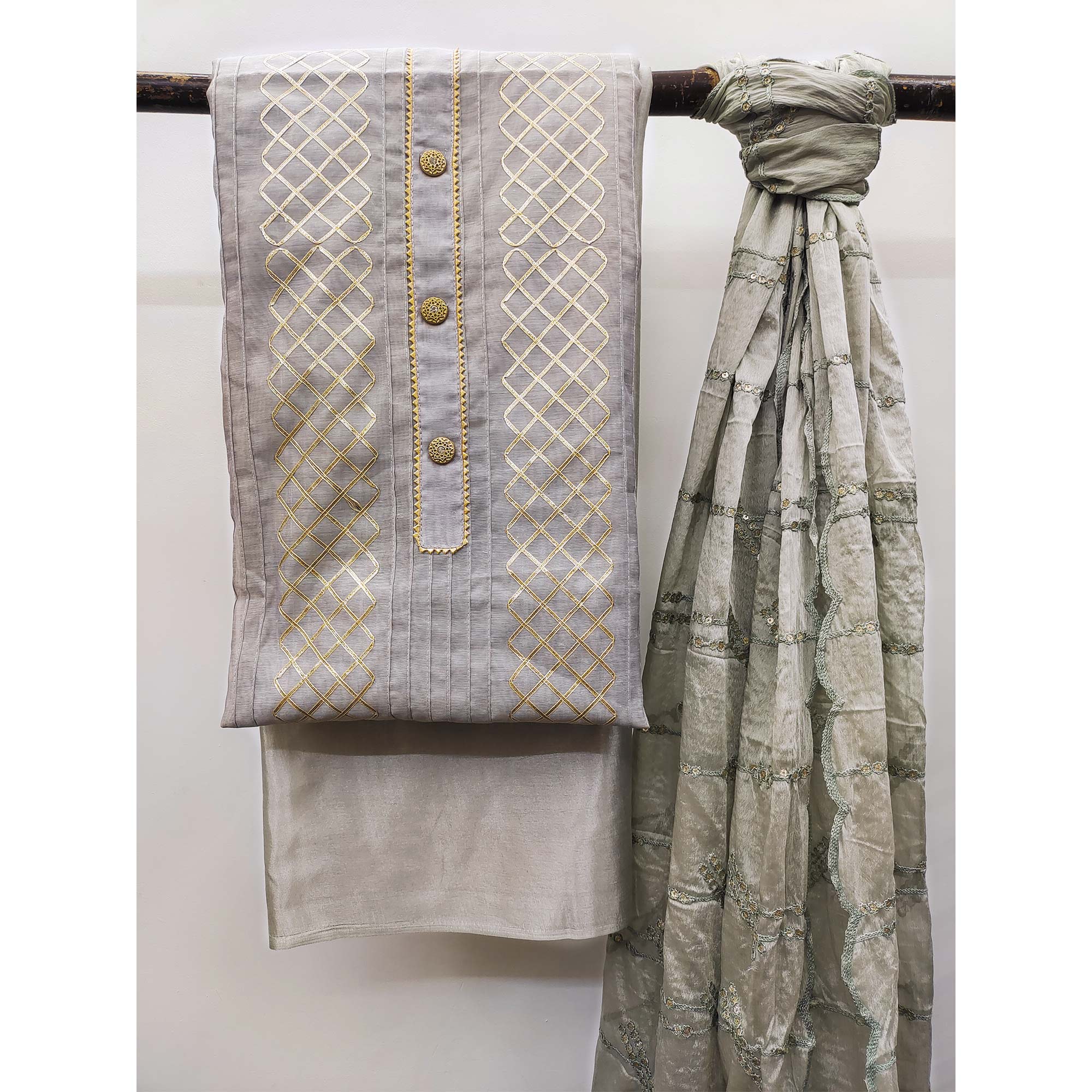 Grey Gota Work Chanderi Dress Material