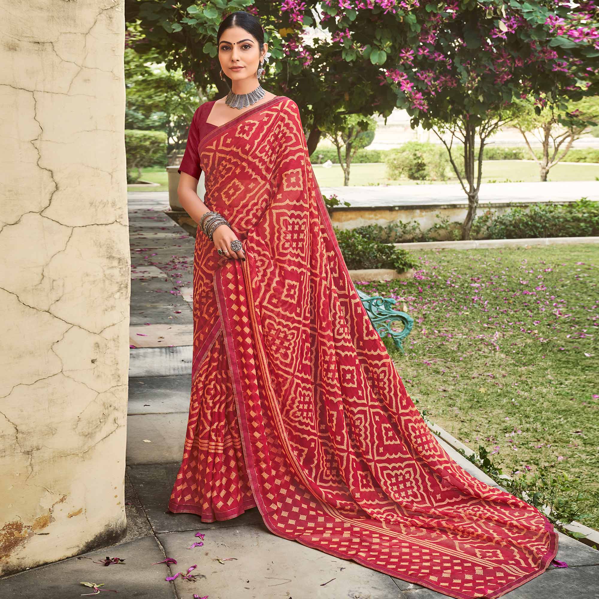 Maroon Printed Chiffon Saree