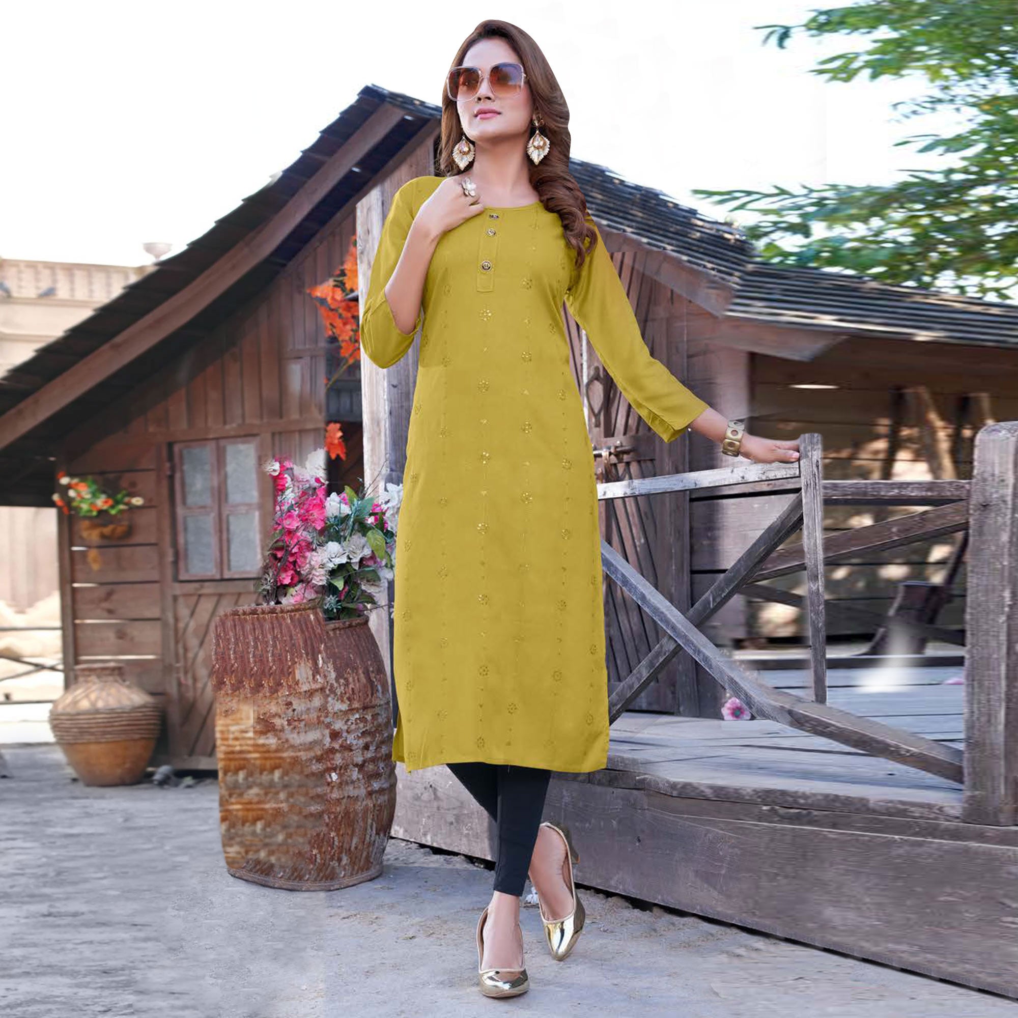 Green Sequins Embroidered Rayon Kurti