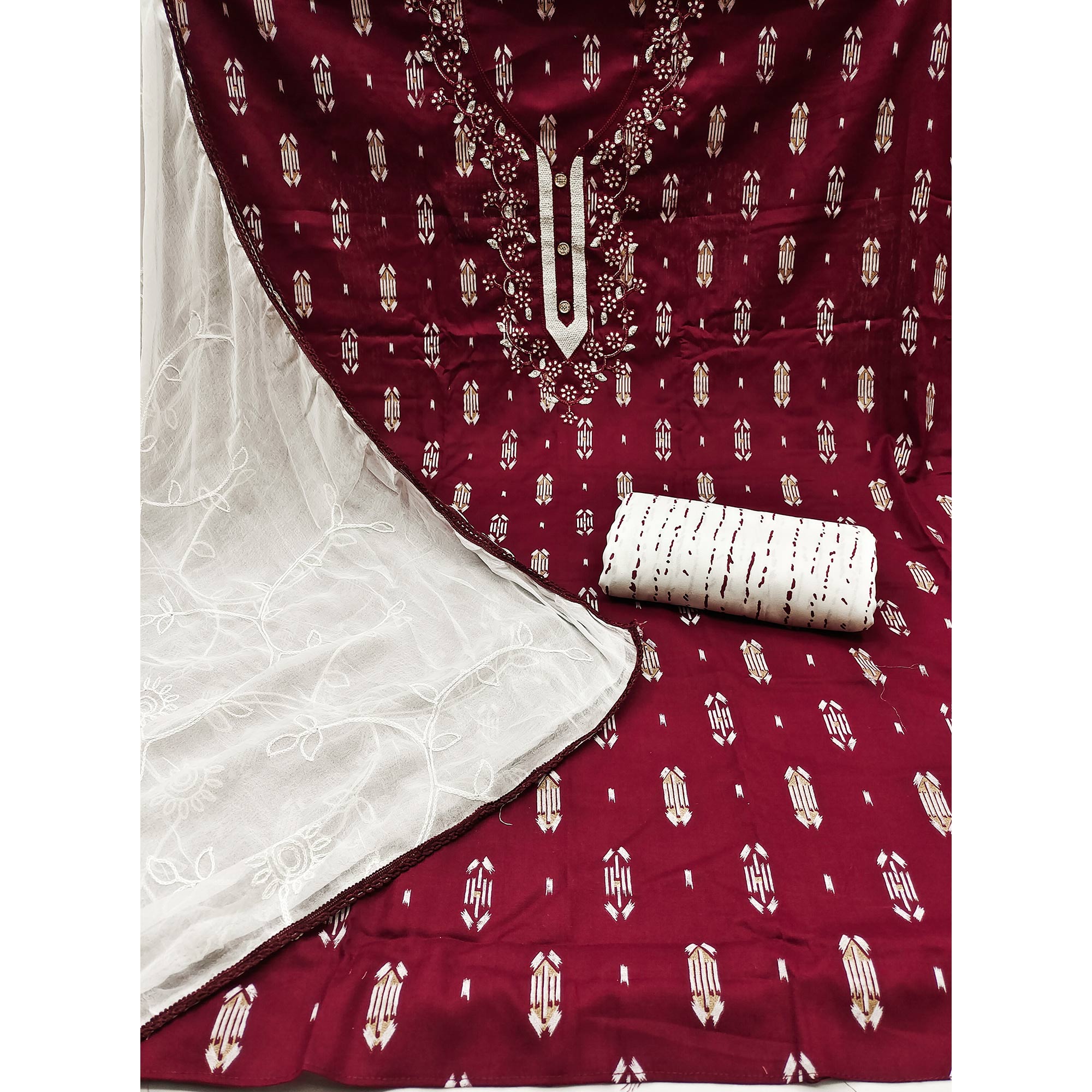 Maroon Printed With Embroidered Rayon Dress Material