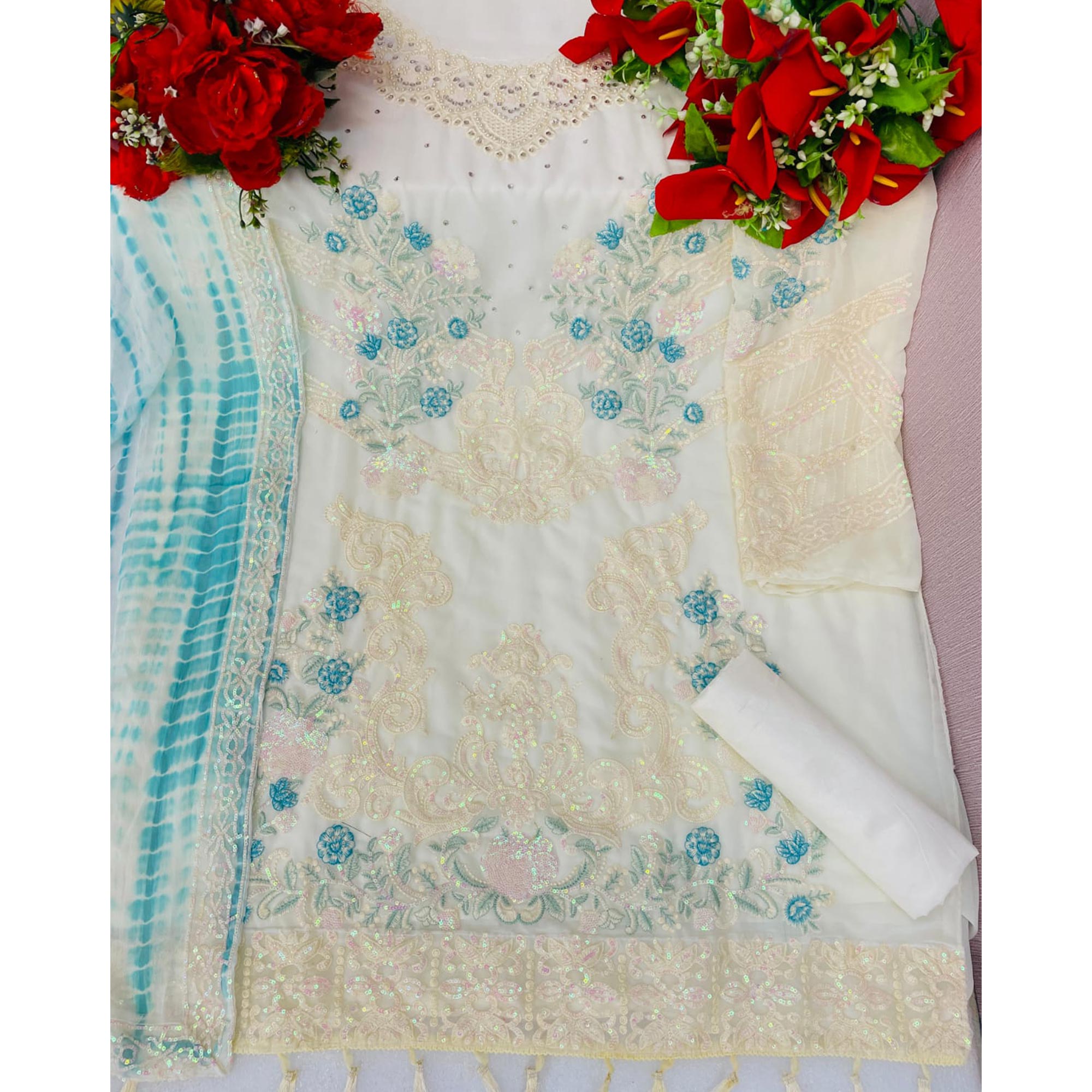 White Sequins Embroidered Georgette Pakistani Suit